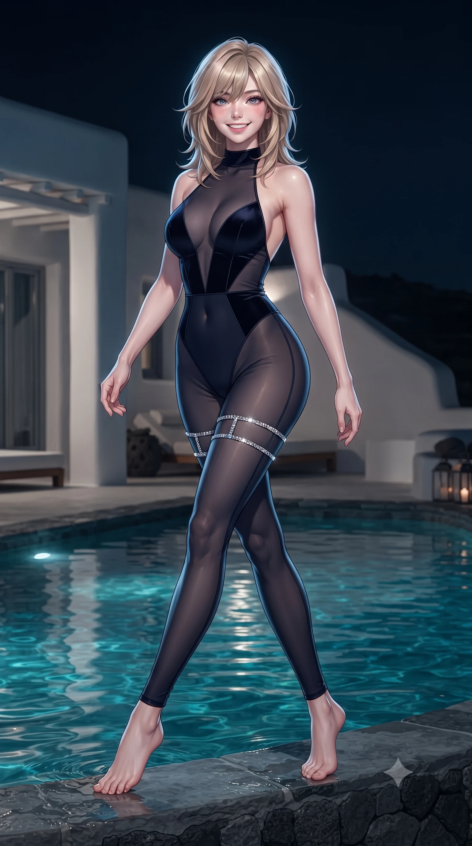 score_9, masterpiece, best quality, ultra-detailed, high-budget anime keyframe, editorial fashion photography, tasteful artistic composition, Japanese woman. low angle full-body shot from head to toe showing her feet, filling the entire 9:16 vertical frame with her statuesque presence, stretching her vertical silhouette. stepping forward in a confident stride, her long slender legs and curvaceous hips creating a dynamic, sweeping vertical line while lounging in the heated water propped on the infinity edge with legs extended, her statuesque 8.5-heads silhouette commanding the nocturnal island vista. The surrounding environment is rendered in vivid detail and crisp panoramic clarity: sharp hand-plastered whitewashed stucco texture, volcanic stone pool coping, and clear turquoise water ripples in deep focus. She has an exceptionally tall and slender model-like 8.5-heads proportion, an ultra-slim waist, a flat toned midriff, narrow delicate ribcage, and beautifully sculpted feminine hips creating a graceful, slim hourglass silhouette without any bulky heaviness, with impossibly long slender legs. sharp v-shaped jawline, high-bridge nose, intricate jewel-like sparkling eyes with depth, thick eyelashes, glossy parted lips with a natural peach sheen, bright cheerful beaming smile with an enchanting and coquettish sensual glint, exuding both youthful cute charm and seductive allure, flawlessly proportioned anatomical accuracy, strict slender model proportions, natural body alignment, perfectly sculpted long slender limbs, ultra-slim waistline, clean dynamic posture without body distortion. wearing a provocative backless sheer illusion halter catsuit with strategic velvet geometric panels hugging her hourglass waist in Manhattan midnight obsidian and electric platinum, made of fluid liquid jersey with seamless sculpting hold and smooth contours, finished with delicate crystal-encrusted thigh garter straps glinting in the dim light, the second-skin tailored fabric adhering flawlessly to her sculpted flat midriff and slender torso, emphasizing her long leg lines and perfectly proportioned willowy build. illuminated by water surface reflection bounce and sharp platinum-cyan rim lights defining her jawline, flat midriff, and feminine hips. ultra-reflective glossy finish, specular highlights, rich textural contrasts, high-contrast stereoscopic depth, volumetric dynamic lighting, 2k, ultra detail, master piece, 9:16 ratio