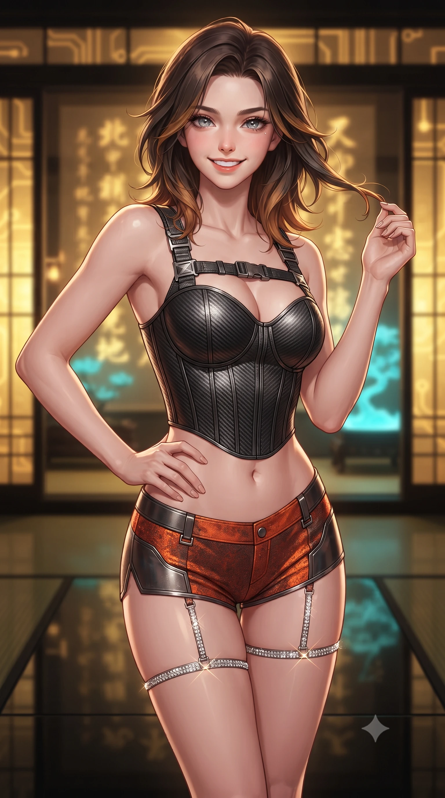 score_9, masterpiece, best quality, ultra-detailed, high-budget anime keyframe, editorial fashion photography, tasteful artistic composition, Korean woman. close-up cowboy shot from the waist and thighs up, the character dominates the composition, filling the frame with her large presence. twisting her slender torso in an alluring contrapposto stance, one hand resting on her sculpted hip while her fingers toy with her hair with effortless poise while standing poised on the mirror-polished black smart-tatami floor, arching her spine with aristocratic supermodel poise before glowing golden circuit-inlaid shoji screens. The background shows a soft-focus golden circuitry calligraphy pulsing on translucent paper screens, glowing cyan cryo-bonsai vessel, and black pebble garden blurred into gold, cyan, and ebony bokeh. She has an exceptionally elegant, slender, and willowy female figure with an ultra-slim waist, flat toned midriff, narrow ribcage, and sculpted feminine hips creating an alluring, slim hourglass silhouette without bulk. sharp v-shaped jawline, high-bridge nose, intricate jewel-like sparkling eyes with depth, thick eyelashes, glossy parted lips with a natural peach sheen, bright cheerful beaming smile with an enchanting and coquettish sensual glint, exuding both youthful cute charm and seductive allure, flawlessly proportioned anatomical accuracy, strict slender model proportions, natural body alignment, perfectly sculpted long slender limbs, ultra-slim waistline, clean dynamic posture without body distortion. wearing a sculpted carbon-fiber underwire crop corset with tactical buckle straps paired with low-rise micro shorts in volcanic ember orange and brushed gunmetal, tailored from high-density tech-wool with subtle metallic thread weave, finished with delicate crystal-encrusted thigh garter straps glinting in the dim light, the impeccably tailored cut draping gracefully along her slender figure with aristocratic poise. illuminated by black tatami reflection bounce and sharp warm-gold rim lights sculpting her jawline, narrow waist, and curvy hips. ultra-reflective glossy finish, specular highlights, rich textural contrasts, high-contrast stereoscopic depth, volumetric dynamic lighting, 2k, ultra detail, master piece, 9:16 ratio
