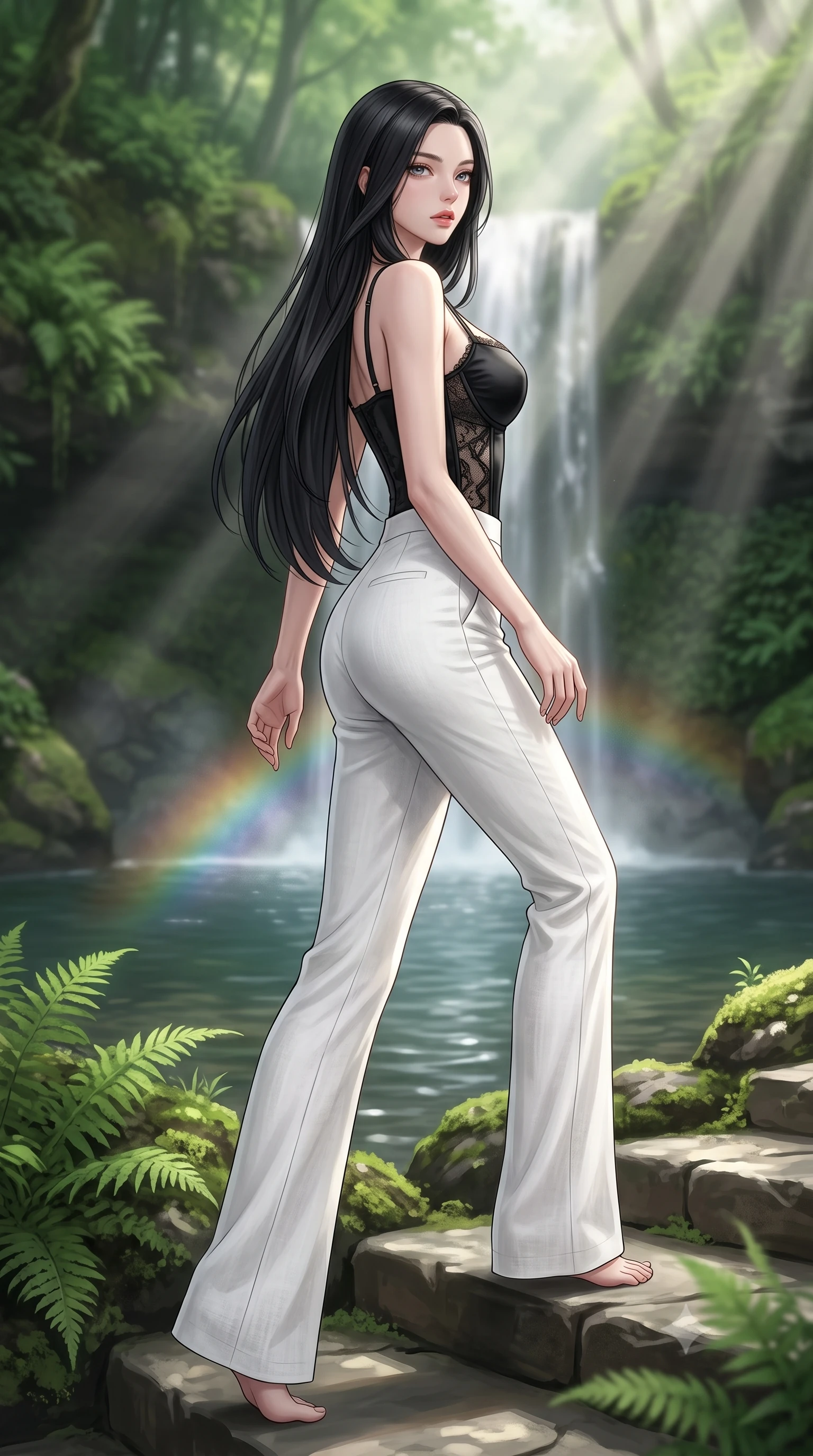 score_9, masterpiece, best quality, ultra-detailed, high-budget anime keyframe, editorial fashion photography, tasteful artistic composition, Korean woman woman. low angle full-body shot from head to toe showing her feet, filling the entire 9:16 vertical frame with her statuesque presence, stretching her vertical silhouette. stepping gracefully while looking back over her shoulder, her dress draped tightly to reveal her silhouette the background shows a soft-focus a natural pool at the base of a forest waterfall surrounded by lush green ferns. She has an absolutely perfect, statuesque 8.5-heads proportion, an exceptionally tall and slender model-like female figure with impossibly long slender legs and an ultra-slim waist. sharp v-shaped jawline, high-bridge nose, intricate jewel-like eyes with depth, thick eyelashes, glossy lips with a natural sheen. wearing a body-hugging delicate lace corset top in black silk, paired with high-waisted white linen trousers. sunbeams cutting through the water mist, creating a mini rainbow effect. 2k, ultra detail, master piece, 9:16 ratio