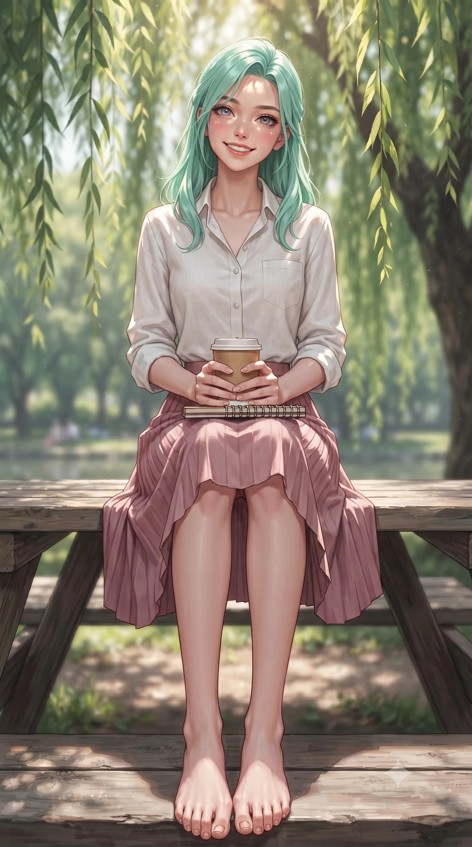 score_9, masterpiece, best quality, ultra-detailed, high-budget anime keyframe, editorial fashion photography, tasteful artistic composition, Japanese woman. low angle full-body shot from head to toe showing her feet, filling the entire 9:16 vertical frame with her statuesque presence, stretching her vertical silhouette. standing with a cute, bright pose, tilting her head with a beaming smile set against a soft-focus background of at a riverside picnic area with wooden tables under weeping willow trees with a paper cup of warm tea and a small sketchbook on her lap. She has an absolutely perfect, statuesque 8.5-heads proportion, an exceptionally tall and slender model-like female figure with impossibly long slender legs and an ultra-slim waist. sharp v-shaped jawline, high-bridge nose, intricate jewel-like eyes with depth, thick eyelashes, glossy lips with a natural sheen. wearing slim-fit casual linen button-down shirt in white, paired with a flowy pleated skirt in dusty pink. dappled sunlight filtering through the weeping willow leaves onto her face. ultra-reflective glossy finish, specular highlights, metallic sheen, high-contrast stereoscopic depth, volumetric dynamic lighting, 2k, ultra detail, master piece, 9:16 ratio