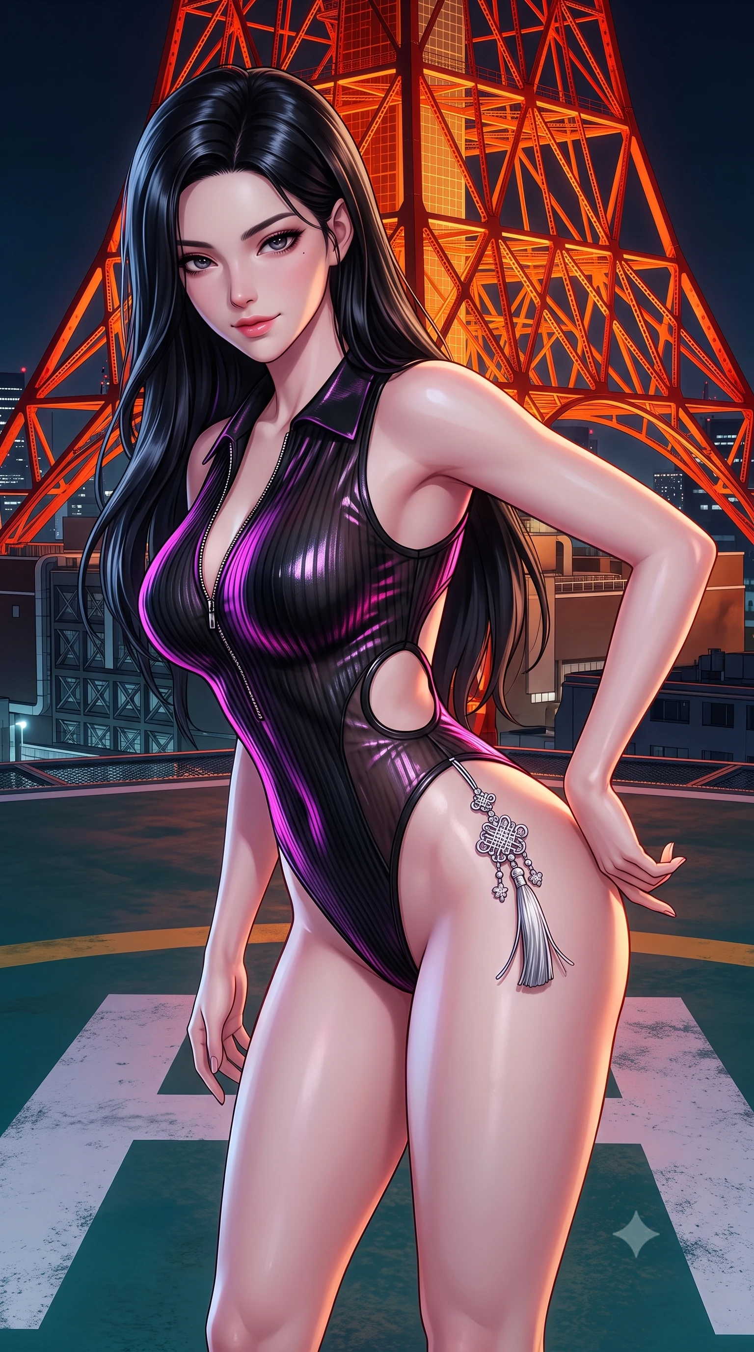 score_9, masterpiece, best quality, ultra-detailed, high-budget anime keyframe, semi-realistic 3D game render, editorial fashion photography, tasteful artistic composition, Korean woman. close-up cowboy shot from the waist and thighs up, the character dominates the composition, filling the frame with her large presence. leaning forward while arching her lower back to accentuate her curvy hips, looking into the camera with an intoxicating smoldering gaze and bedroom-eyes while standing tall on the giant painted rooftop helipad with hips cocked back, arching her spine with effortless supermodel poise against the red tower. The surrounding environment is rendered in vivid detail and crisp panoramic clarity: detailed second-skin jumpsuit cling, glossy lip sheen, and retro high-rise architectural lines in high resolution. She has an exceptionally elegant, slender, and willowy female figure with an ultra-slim waist, flat toned midriff, narrow ribcage, and sculpted feminine hips creating an alluring, slim hourglass silhouette without bulk. sharp v-shaped jawline, high-bridge nose, sparkling eyes with hypnotic seductive depth, thick curled eyelashes, glossy parted lips with a natural dewy peach sheen, alluring bedroom-eyes with an enchanting coquettish smile, exuding magnetic siren charisma and sophisticated glamour, flawlessly proportioned anatomical accuracy, strict slender model proportions, natural body alignment, perfectly sculpted long slender limbs, ultra-slim waistline, clean dynamic posture without body distortion. wearing a retro-chic ribbed knit polo bodysuit with a plunging front zipper and high-cut leg openings in wet-look onyx black with electric fuchsia reflections, made of delicate semi-sheer Korean gossamer organza with subtle pearlescent glints, accented with an intricate silver norigae tassel swaying gracefully along her curving hip line, the precision-cut side openings and low-back scoop framing her graceful spine and the sensual sweep of her slim, toned hips. bathed in the warm orange radiance of Tokyo Tower mixed with cool metropolitan night ambient fill. highly saturated vibrant anime colors, detailed shading with soft gradients, rich glossy textures, high-contrast stereoscopic depth, volumetric dynamic lighting, master piece, 9:16 ratio