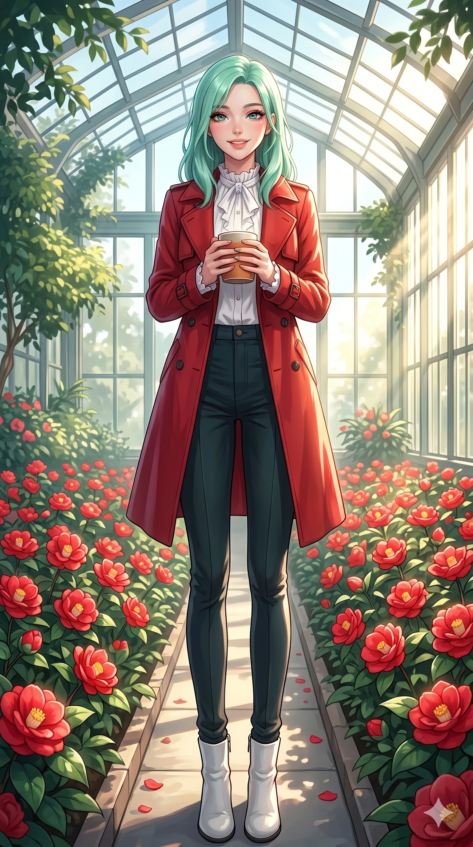 score_9, masterpiece, best quality, ultra-detailed, high-budget anime keyframe, vibrant anime aesthetic, Japanese woman. low angle full-body shot from head to toe showing her feet, filling the entire 9:16 vertical frame with her statuesque presence, stretching her vertical silhouette. She is holding a warm mug, smiling warmly with a gentle and cheerful gaze inside a bright conservatory room with rows of red camellia flowers (Code-P21-031). She has an absolutely perfect 8-heads proportion, an exceptionally tall and slender female figure with impossibly long slender legs and an ultra-slim waist. V-shaped jawline, high-bridge nose, intricate jewel-like eyes with depth, thick eyelashes, glossy lips with a natural sheen. wearing a red trench coat over a white blouse and dark trousers in winter. She is lit from the side by bright winter sun rays, tracing the contours of her body in the morning. 2k, ultra detail, master piece, 9:16 ratio