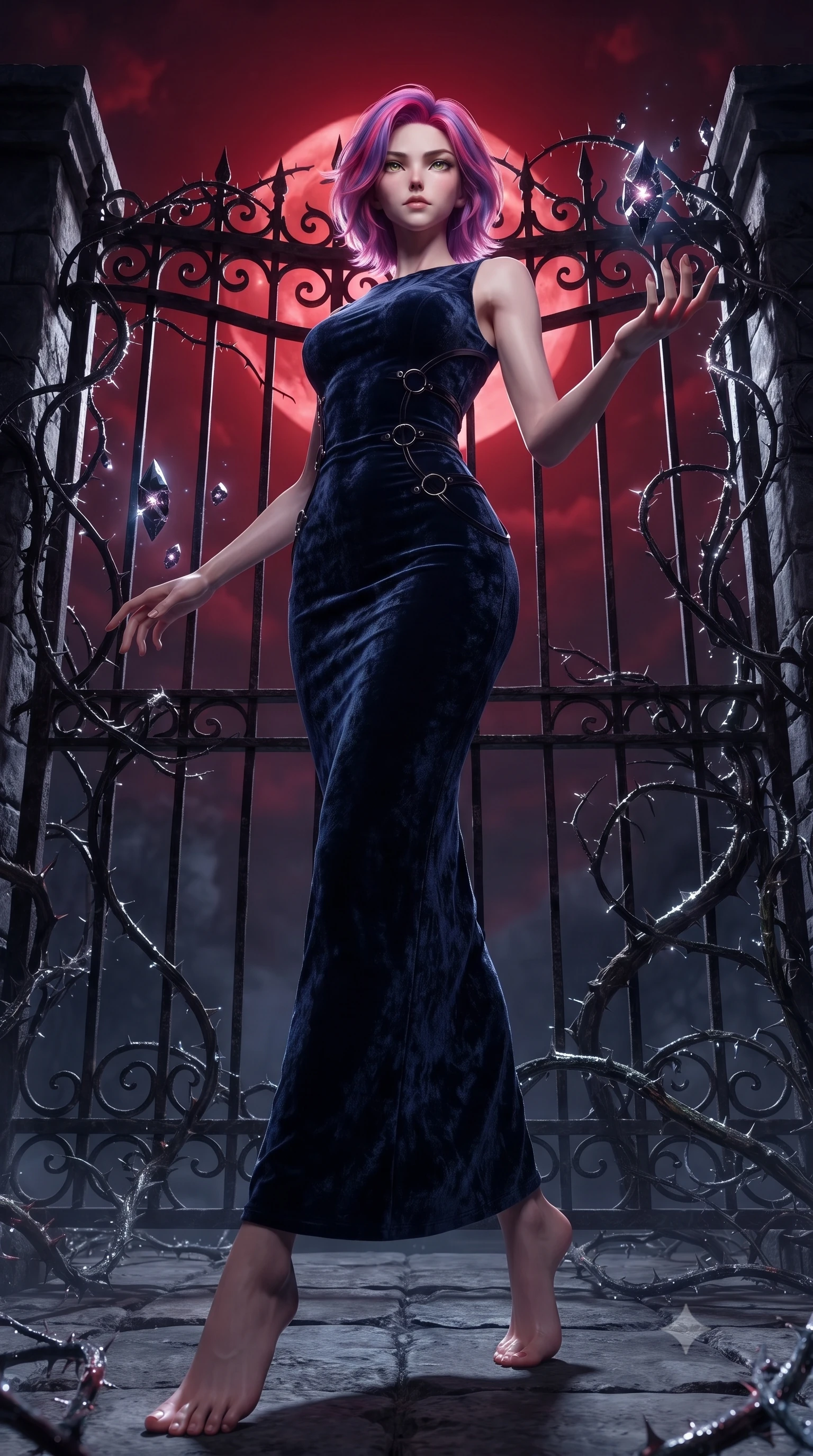 score_9, masterpiece, best quality, ultra-detailed, high-budget anime keyframe, editorial fashion photography, tasteful artistic composition, Caucasian woman. low angle full-body shot from head to toe showing her feet, filling the entire 9:16 vertical frame with her statuesque presence, stretching her vertical silhouette. interacting with floating dark crystal particles, her long slender legs poised in motion, standing before an ancient wrought-iron gate wrapped in thorny dark vines, glistening dew on thorny vines catching cold silver rim light. She has an absolutely perfect, statuesque 8.5-heads proportion, an exceptionally tall and slender model-like female figure with impossibly long slender legs and an ultra-slim waist. sharp v-shaped jawline, high-bridge nose, intricate jewel-like eyes with depth, thick eyelashes, glossy lips with a natural sheen. wearing sculpted form-fitting dark velvet column gown in pitch black in midnight navy blue, made of crushed dark silk velvet, trimmed with dark chrome ring hardware along the waist contours, accentuating her gracefully sculpted slender torso. illuminated by cold silver rim light contrasting with deep red moon rays. ultra-reflective glossy finish, specular highlights, metallic sheen, high-contrast stereoscopic depth, volumetric dynamic lighting, 2k, ultra detail, master piece, 9:16 ratio