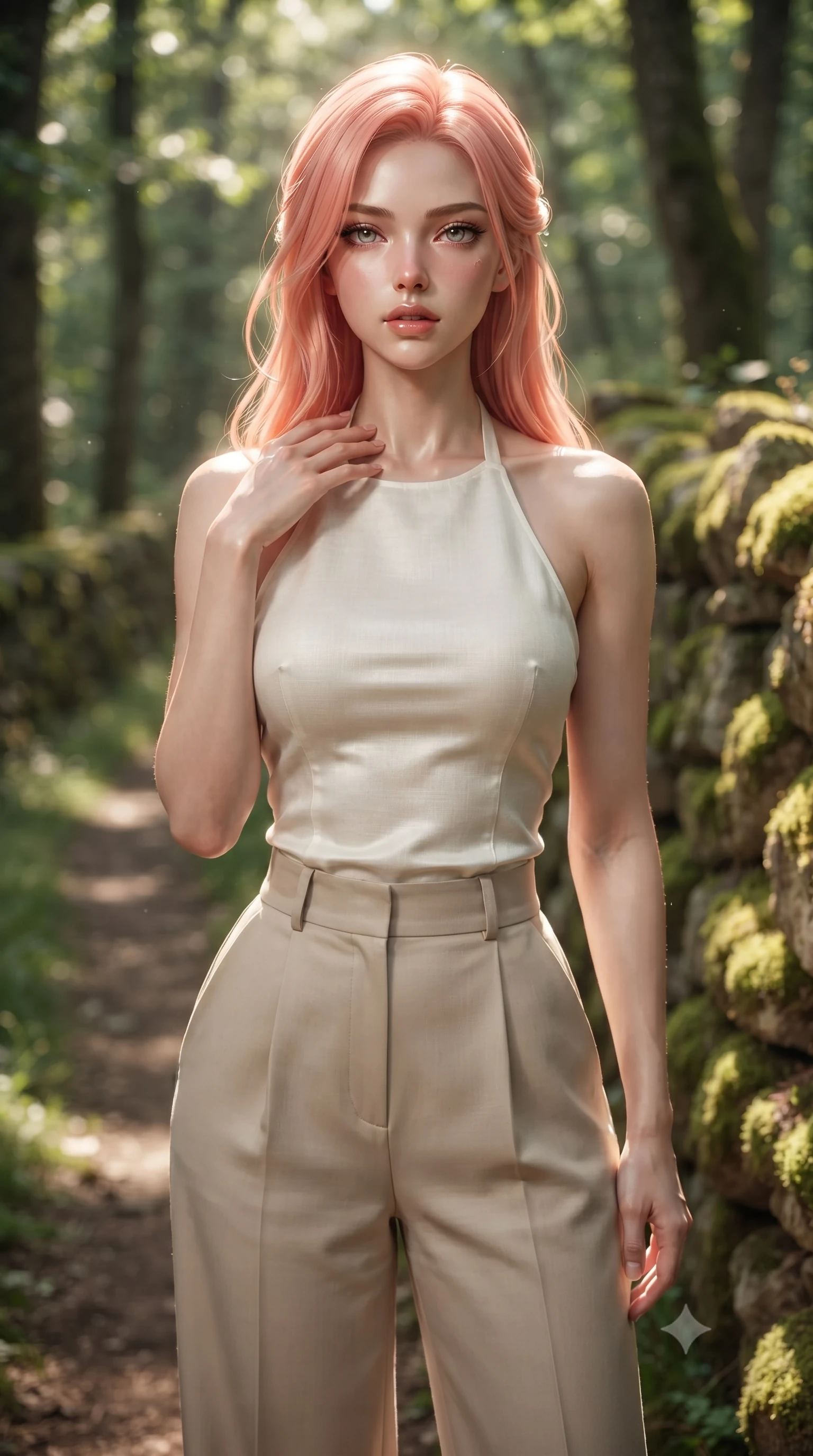 score_9, masterpiece, best quality, ultra-detailed, high-budget anime keyframe, editorial fashion photography, tasteful artistic composition, Japanese woman woman. close-up cowboy shot from the waist and thighs up, the character dominates the composition, filling the frame with her large presence, background elements kept in soft focus. standing with one hand resting on her collarbone, looking at the viewer with bedroom-eyes the background shows a soft-focus a narrow dirt path beside an old mossy stone wall in a quiet oak forest. She has an exceptionally elegant, slender, and willowy female figure with an ultra-slim waist, a gracefully sculpted slender torso, and a refined silhouette. sharp v-shaped jawline, high-bridge nose, intricate jewel-like eyes with depth, thick eyelashes, glossy lips with a natural sheen. wearing a body-hugging tailored linen halter neck top in ivory white, paired with high-waisted beige wide-leg trousers. dappled sunlight filtering through the forest canopy, creating soft highlights. ultra-reflective glossy finish, specular highlights, metallic sheen, high-contrast stereoscopic depth, volumetric dynamic lighting, 2k, ultra detail, master piece, 9:16 ratio
