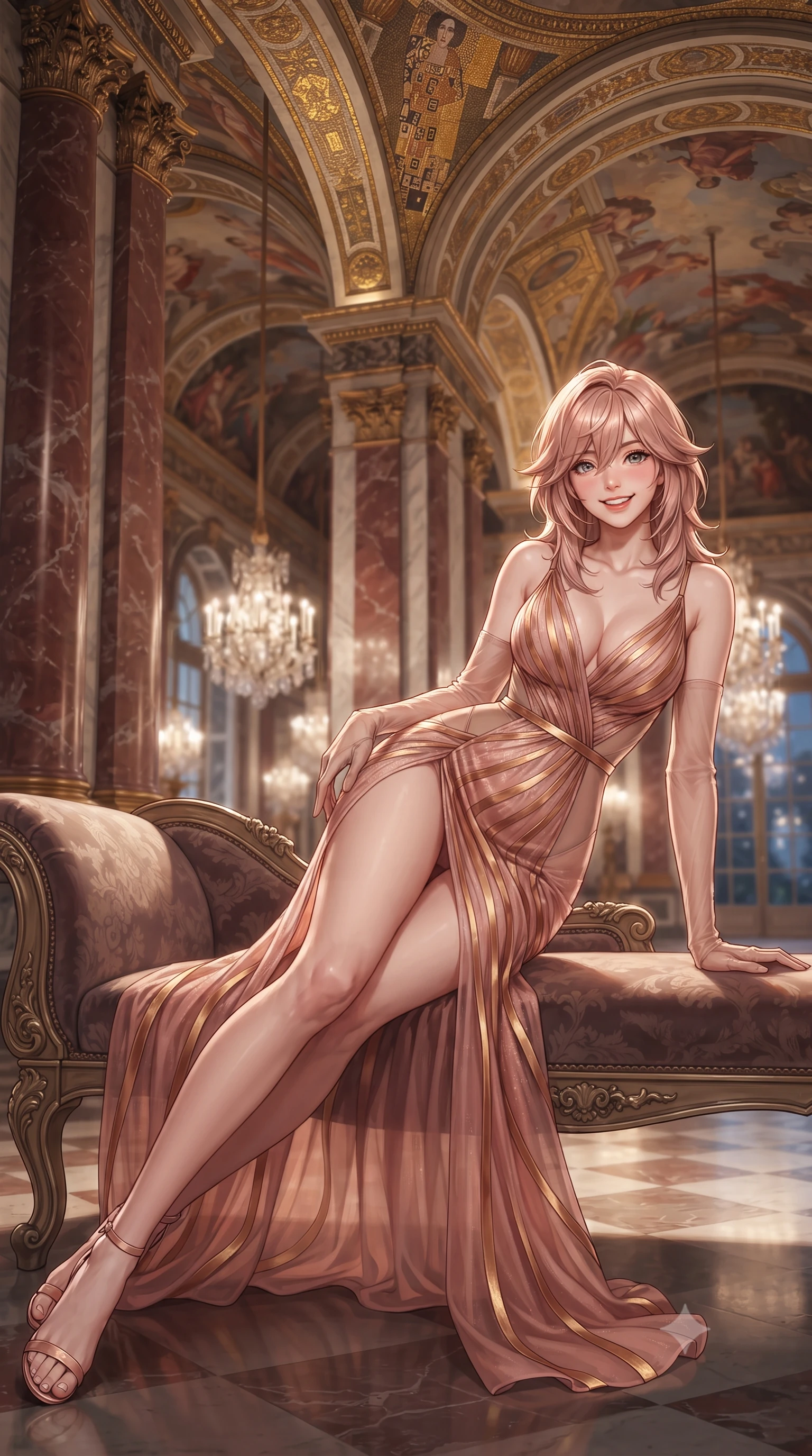 score_9, masterpiece, best quality, ultra-detailed, high-budget anime keyframe, editorial fashion photography, tasteful artistic composition, Japanese woman. low angle full-body shot from head to toe showing her feet, filling the entire 9:16 vertical frame with her statuesque presence, stretching her vertical silhouette. reclining gracefully across the plush chaise lounge with one leg extended, her sculpted silhouette and flat midriff radiating magnetic nocturnal glamour while standing poised between monumental fluted red marble pilasters beneath soaring painted Baroque fresco vaults, arching her lower back with aristocratic supermodel grace as gilded Klimt-style mosaic tesserae glitter in the evening light. The background shows a soft-focus flickering multi-tiered crystal chandeliers, gilded allegorical ceiling frescoes, and moonlit Baroque palace gardens through tall arched French windows blurred into champagne, amber, and gold bokeh. She has an exceptionally tall and slender model-like 8.5-heads proportion, an ultra-slim waist, a flat toned midriff, narrow delicate ribcage, and beautifully sculpted feminine hips creating a graceful, slim hourglass silhouette without any bulky heaviness, with impossibly long slender legs. sharp v-shaped jawline, high-bridge nose, intricate jewel-like sparkling eyes with depth, thick eyelashes, glossy parted lips with a natural peach sheen, bright cheerful beaming smile with an enchanting and coquettish sensual glint, exuding both youthful cute charm and seductive allure, flawlessly proportioned anatomical accuracy, strict slender model proportions, natural body alignment, perfectly sculpted long slender limbs, ultra-slim waistline, clean dynamic posture without body distortion. wearing a plunge-front sheer illusion tulle slip dress with liquid gold ribbon stripes hugging her curves in Grasse centifolia rose petal blush and burnished copper, featuring strategic sheer-illusion tulle side panels framing her ribcage and hips, complemented by sheer opera-length evening gloves tracing her slender arms, the high-slit wrap tailoring accentuating her ultra-slim waistline and the enchanting curve of her feminine hips with alluring seductive charm. illuminated by marble floor reflection bounce and sharp champagne-gold rim lights sculpting her razor-sharp jawline, narrow waist, and curvy hips. ultra-reflective glossy finish, specular highlights, rich textural contrasts, high-contrast stereoscopic depth, volumetric dynamic lighting, 2k, ultra detail, master piece, 9:16 ratio