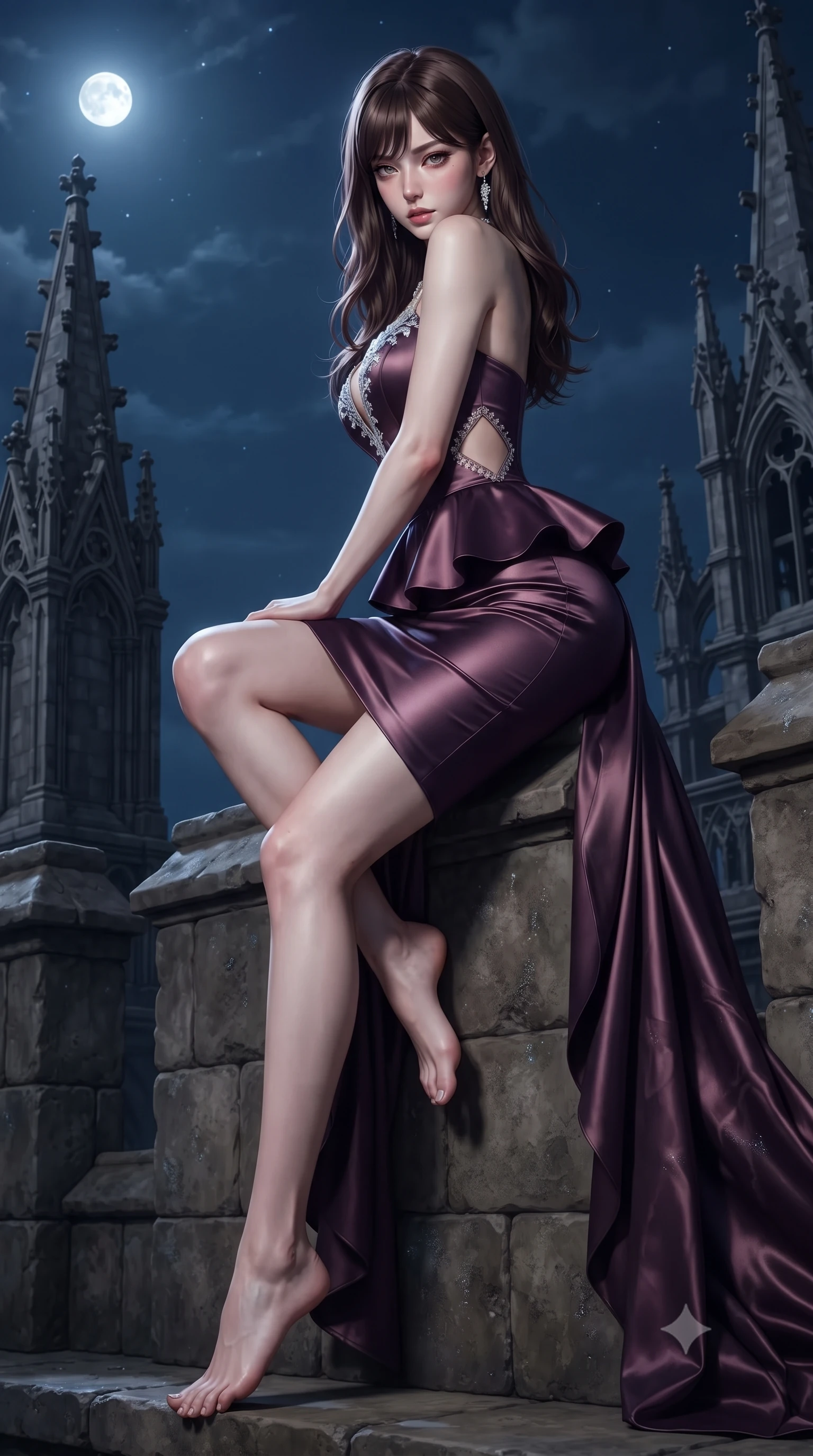 score_9, masterpiece, best quality, ultra-detailed, high-budget anime keyframe, editorial fashion photography, tasteful artistic composition, Korean woman. low angle full-body shot from head to toe showing her feet, filling the entire 9:16 vertical frame with her statuesque presence, stretching her vertical silhouette. posing with back turned slightly to the lens, glancing back with smoldering allure as she arches her lower back to emphasize her sculpted feminine hips and slender waist while sitting perched on the battlements with one knee drawn up and long legs angled down, moonlight tracing her throat and sculpted waist. The surrounding environment is rendered in vivid detail and crisp panoramic clarity. detailed wind-whipped silk dress folds, sea spray beads on skin, and Gothic abbey pinnacles in high clarity. She has an exceptionally tall and slender model-like 8.5-heads proportion, an ultra-slim waist, a flat toned midriff, narrow delicate ribcage, and beautifully sculpted feminine hips creating a graceful, slim hourglass silhouette without any bulky heaviness, with impossibly long slender legs. sharp v-shaped jawline, high-bridge nose, intricate jewel-like eyes with depth, thick eyelashes, glossy parted lips with a natural sheen, intensely captivating and seductive bedroom-eyes expression, flawlessly proportioned anatomical accuracy, strict slender model proportions, natural body alignment, perfectly sculpted long slender limbs, ultra-slim waistline, clean dynamic posture without body distortion. wearing a modern peplum corset dress with side-waist diamond cutouts and an ultra-tight silhouette in deep plum violet and antique bronze, tailored from ultra-smooth duchess satin with a pearlescent sheen, finished with delicate crystal frost embroidery tracing the plunging neckline, the glove-like aerodynamic silhouette tightly following the natural contour of her hips and long slender legs with statuesque 8.5-heads elegance. illuminated by crisp directional edge highlights sculpting her bare collarbones, slender waist, and curvy hips. ultra-reflective glossy finish, specular highlights, rich textural contrasts, high-contrast stereoscopic depth, volumetric dynamic lighting, 2k, ultra detail, master piece, 9:16 ratio