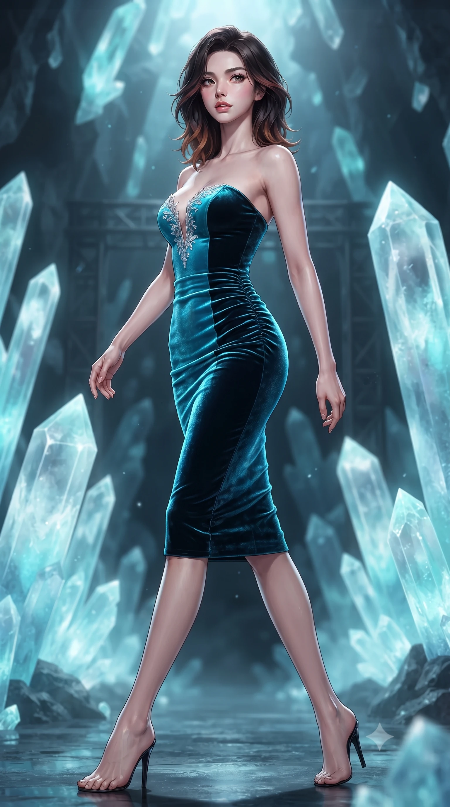 score_9, masterpiece, best quality, ultra-detailed, high-budget anime keyframe, editorial fashion photography, tasteful artistic composition, Korean woman. low angle full-body shot from head to toe showing her feet, filling the entire 9:16 vertical frame with her statuesque presence, stretching her vertical silhouette. striding forward in a proud supermodel runway stride, hips swaying in an alluring kinetic rhythm that accentuates her curvy hourglass silhouette while twisting her slender torso in an alluring contrapposto stance beside a giant crystal monolith, turning to look back over a bare shoulder with parted glossy lips. The composition keeps background elements in soft focus with creamy bokeh. subterranean geothermal mist and titanium gantry silhouettes softened in monumental sci-fi shallow focus. She has an exceptionally tall and slender model-like 8.5-heads proportion, an ultra-slim waist, a flat toned midriff, narrow delicate ribcage, and beautifully sculpted feminine hips creating a graceful, slim hourglass silhouette without any bulky heaviness, with impossibly long slender legs. sharp v-shaped jawline, high-bridge nose, intricate jewel-like eyes with depth, thick eyelashes, glossy parted lips with a natural sheen, intensely captivating and seductive bedroom-eyes expression, flawlessly proportioned anatomical accuracy, strict slender model proportions, natural body alignment, perfectly sculpted long slender limbs, ultra-slim waistline, clean dynamic posture without body distortion. wearing an ultra-fitted strapless bustier midi dress with side hip ruching and exposed spine in neon electric cyan and lacquer black, crafted from heavyweight crushed silk velvet with liquid vintage luster, finished with delicate crystal frost embroidery tracing the plunging neckline, the form-contouring material adhering flawlessly to her sculpted flat midriff and slender torso, emphasizing her long leg lines and perfectly proportioned willowy build. bathed in ethereal ice-blue and cyan spotlights filtering through massive translucent mineral crystals. ultra-reflective glossy finish, specular highlights, rich textural contrasts, high-contrast stereoscopic depth, volumetric dynamic lighting, 2k, ultra detail, master piece, 9:16 ratio