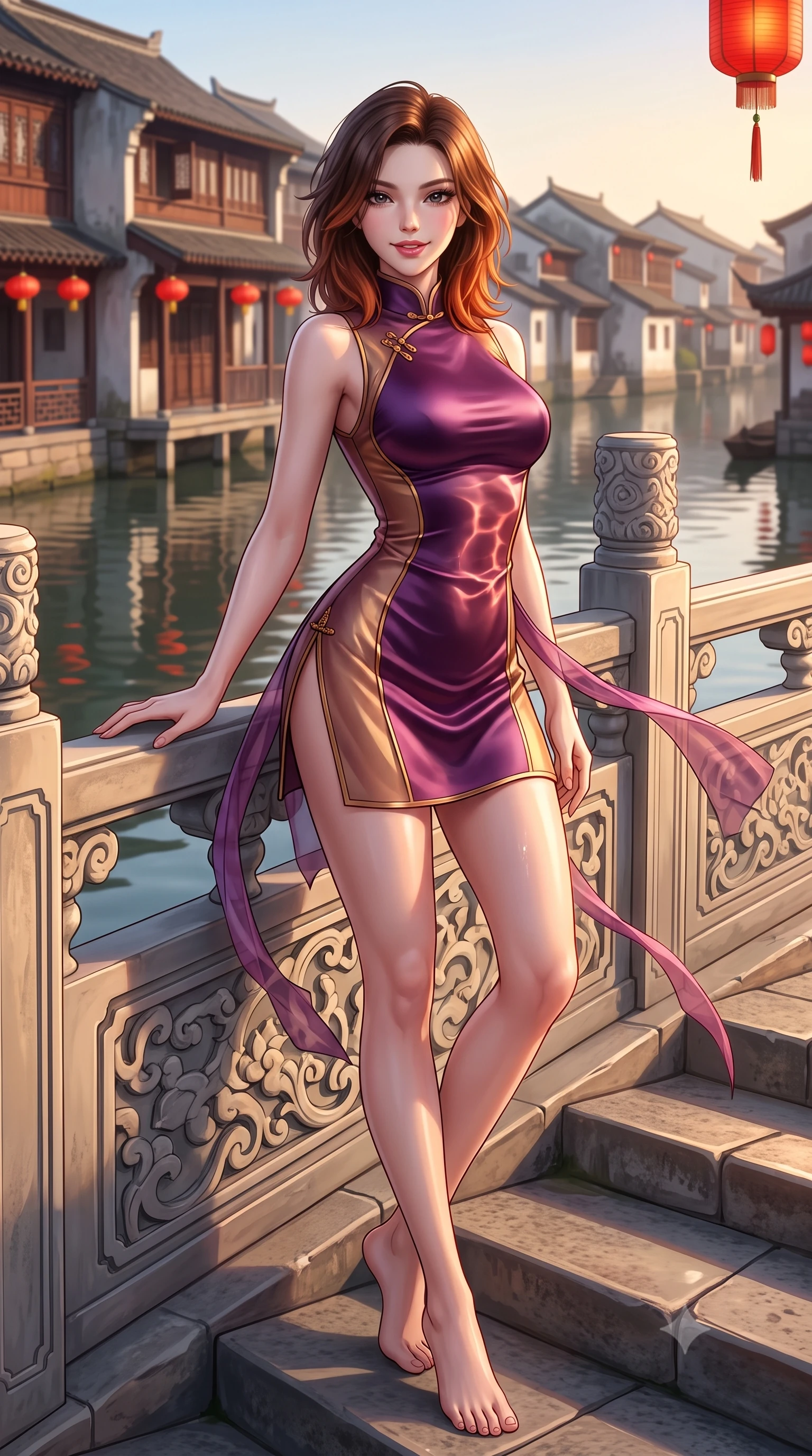 score_9, masterpiece, best quality, ultra-detailed, high-budget anime keyframe, semi-realistic 3D game render, editorial fashion photography, tasteful artistic composition, Korean woman. low angle full-body shot from head to toe showing her feet, filling the entire 9:16 vertical frame with her statuesque presence, stretching her vertical silhouette. standing in a tall, confident posture with one hand on the carved palace railing, stretching her statuesque body as she arches her lower back to emphasize her sculpted feminine hips and slender waist while twisting her slender torso in an alluring S-curve, red lantern reflections and water caustics rippling across her narrow waist and curvy hips. The surrounding environment is rendered in vivid detail and crisp panoramic clarity: detailed silk satin weave, glowing lantern highlights on skin, and historic Chinese water village architecture in high resolution. She has an absolutely perfect, statuesque 8.5-heads proportion, an exceptionally tall and slender model-like female figure with impossibly long slender legs, an ultra-slim waist, a flat toned midriff, narrow delicate ribcage, and beautifully sculpted feminine hips creating a graceful, slim hourglass silhouette without any bulky heaviness. sharp v-shaped jawline, high-bridge nose, intricate jewel-like dark sparkling almond eyes with depth, thick lashes, glossy parted lips with a natural rose-plum sheen, bright alluring and coquettish smile with bedroom-eyes, exuding both timeless oriental elegance and sovereign high-fashion allure, flawlessly proportioned anatomical accuracy, strict slender model proportions, natural body alignment, perfectly sculpted long slender limbs, ultra-slim waistline, clean dynamic posture without body distortion. wearing a form-contouring sleeveless turtleneck mini dress in liquid silk satin with subtle side hip ties and high slits in rich plum violet and gilded bronze embroidery, tailored from sheer gossamer silk organza with an airy weightless flutter, accented with flowing gossamer silk ribbons that flutter dynamically in the evening breeze, the liquid-tight tailored silk fabric clinging flawlessly to her narrow waist and rounded feminine hips, emphasizing every millimeter of her sculpted slim hourglass curves without any bulky heaviness. bathed in warm late-afternoon golden hour light reflecting off whitewashed walls and calm waters. highly saturated vibrant anime colors, detailed shading with soft gradients, rich glossy textures, high-contrast stereoscopic depth, volumetric dynamic lighting, master piece, 9:16 ratio