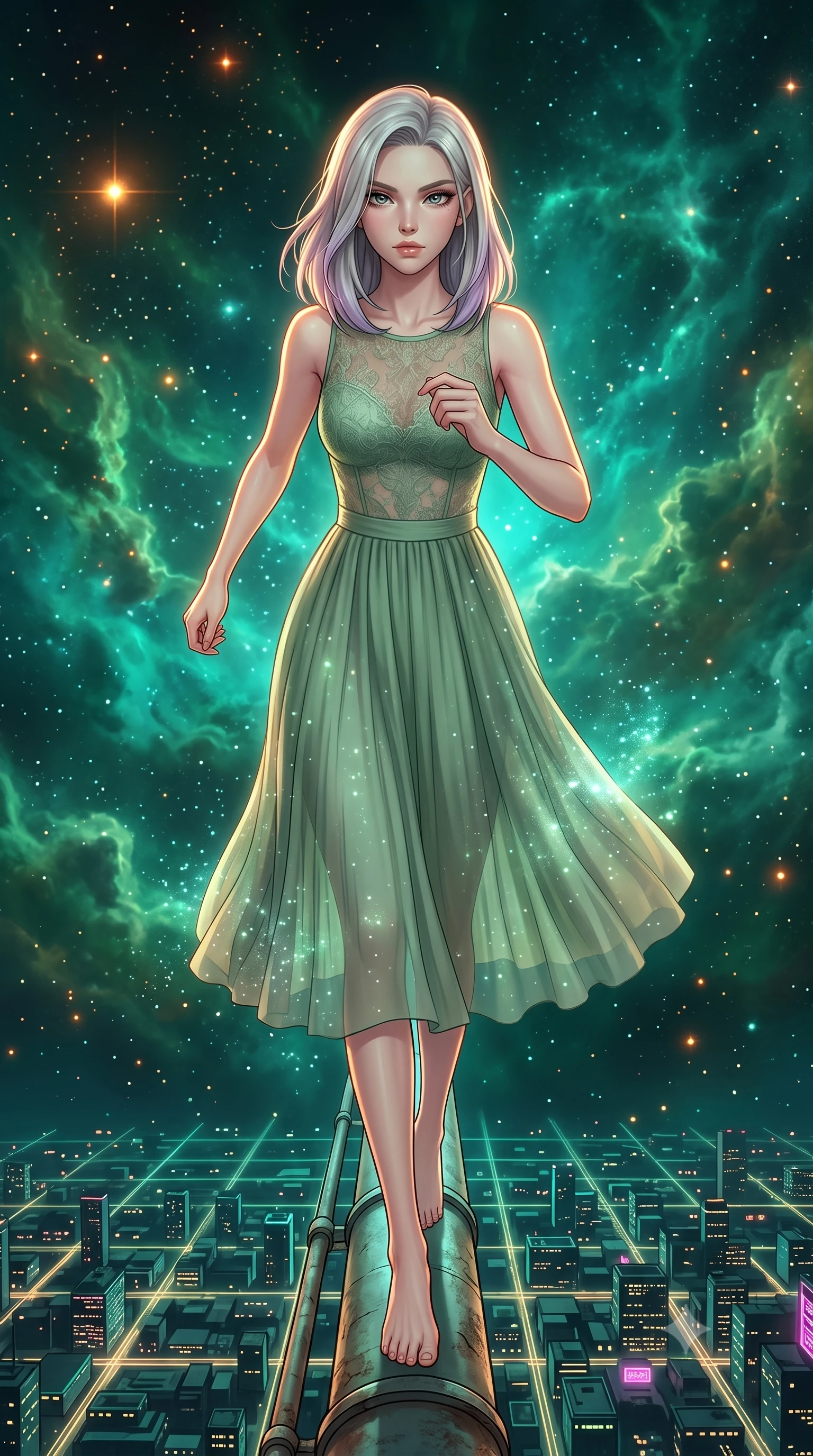 score_9, masterpiece, best quality, ultra-detailed, high-budget anime keyframe, editorial fashion photography, tasteful artistic composition, Caucasian woman, strictly human ears. low angle full-body shot from head to toe showing her feet, filling the entire 9:16 vertical frame with her statuesque presence, stretching her vertical silhouette. dashing forward aggressively along a narrow pipe high above the neon city grid through floating in open space inside an emerald-green gas nebula, clouds of stellar gas shifting in cosmic winds. She has a statuesque 8.5-heads proportion, an exceptionally tall, slender and willowy model-like build with impossibly long legs and a highly sculpted ultra-slim waist. sharp v-shaped jawline, high-bridge nose, intricate jewel-like eyes with depth, thick eyelashes, glossy lips with a natural sheen. wearing catching and diffusing the glowing particles, shimmering softly in response to the surrounding light, a form-contouring flowing midi dress in sage green featuring a sheer lace-overlay bodice and a soft pleated chiffon skirt. highly saturated vibrant anime colors, intense vivid color palette, soft 3D volumetric shading, volumetric dynamic lighting, warm amber rim lighting combined with cool teal fill light creating dramatic contrast. 2k, ultra detail, master piece, 9:16 ratio