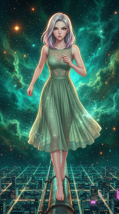score_9, masterpiece, best quality, ultra-detailed, high-budget anime keyframe, editorial fashion photography, tasteful artistic composition, Caucasian woman, strictly human ears. low angle full-body shot from head to toe showing her feet, filling th