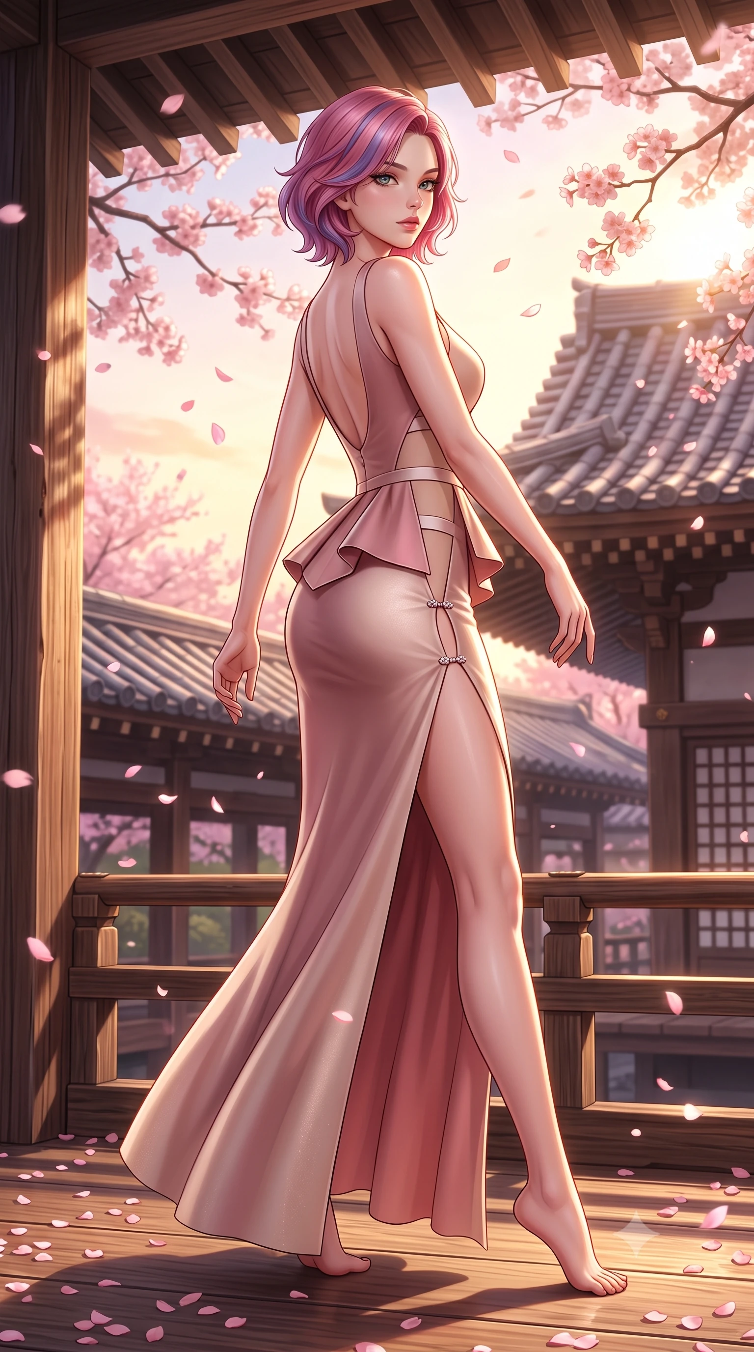 score_9, masterpiece, best quality, ultra-detailed, high-budget anime keyframe, semi-realistic 3D game render, editorial fashion photography, tasteful artistic composition, Caucasian woman. low angle full-body shot from head to toe showing her feet, filling the entire 9:16 vertical frame with her statuesque presence, stretching her vertical silhouette. executing an elegant mid-motion pivot turn as garments swirl around her slender limbs, glancing over her shoulder with an intoxicating bedroom-gaze while turning in an alluring dancer S-curve as evening breezes scatter soft pink sakura petals across the ancient wooden stage planks. The surrounding environment is rendered in vivid detail and crisp panoramic clarity. sharp weathered Japanese cypress plank grain, falling cherry blossom petal veins, and temple roof tile geometry in deep focus. She has an exceptionally tall and slender model-like 8.5-heads proportion, an ultra-slim waist, a flat toned midriff, narrow delicate ribcage, and beautifully sculpted feminine hips creating a graceful, slim hourglass silhouette without any bulky heaviness, with impossibly long slender legs. sharp v-shaped jawline, high-bridge nose, intricate jewel-like eyes with depth, thick eyelashes, glossy parted lips with a natural sheen, intensely captivating and seductive bedroom-eyes expression, flawlessly proportioned anatomical accuracy, strict slender model proportions, natural body alignment, perfectly sculpted long slender limbs, ultra-slim waistline, clean dynamic posture without body distortion. wearing a structural geometric peplum gown with sheer side-ribbon cutouts and form-fitting skirt in dusky blush rose and champagne shimmer, made of fluid silk crepe with delicate inner corsetry boning, finished with an ultra-high side slit secured by miniature jeweled clasps, the precision-cut side openings and low-back scoop framing her graceful spine and the sensual sweep of her slim, toned hips. bathed in breathtaking golden hour sunset backlighting filtered through cherry blossom branches. highly saturated vibrant anime colors, detailed shading with soft gradients, rich glossy textures, high-contrast stereoscopic depth, volumetric dynamic lighting, master piece, 9:16 ratio