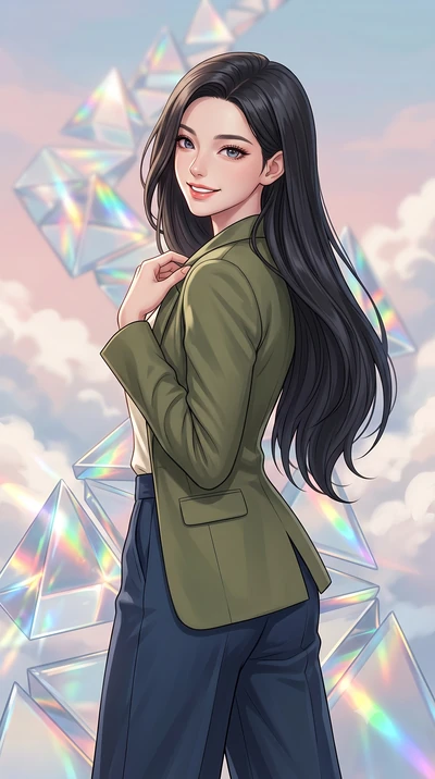 score_9, masterpiece, best quality, ultra-detailed, high-budget anime keyframe, editorial fashion photography, tasteful artistic composition, Korean woman. close-up cowboy shot from the waist and thighs up, the character dominates the composition, fi
