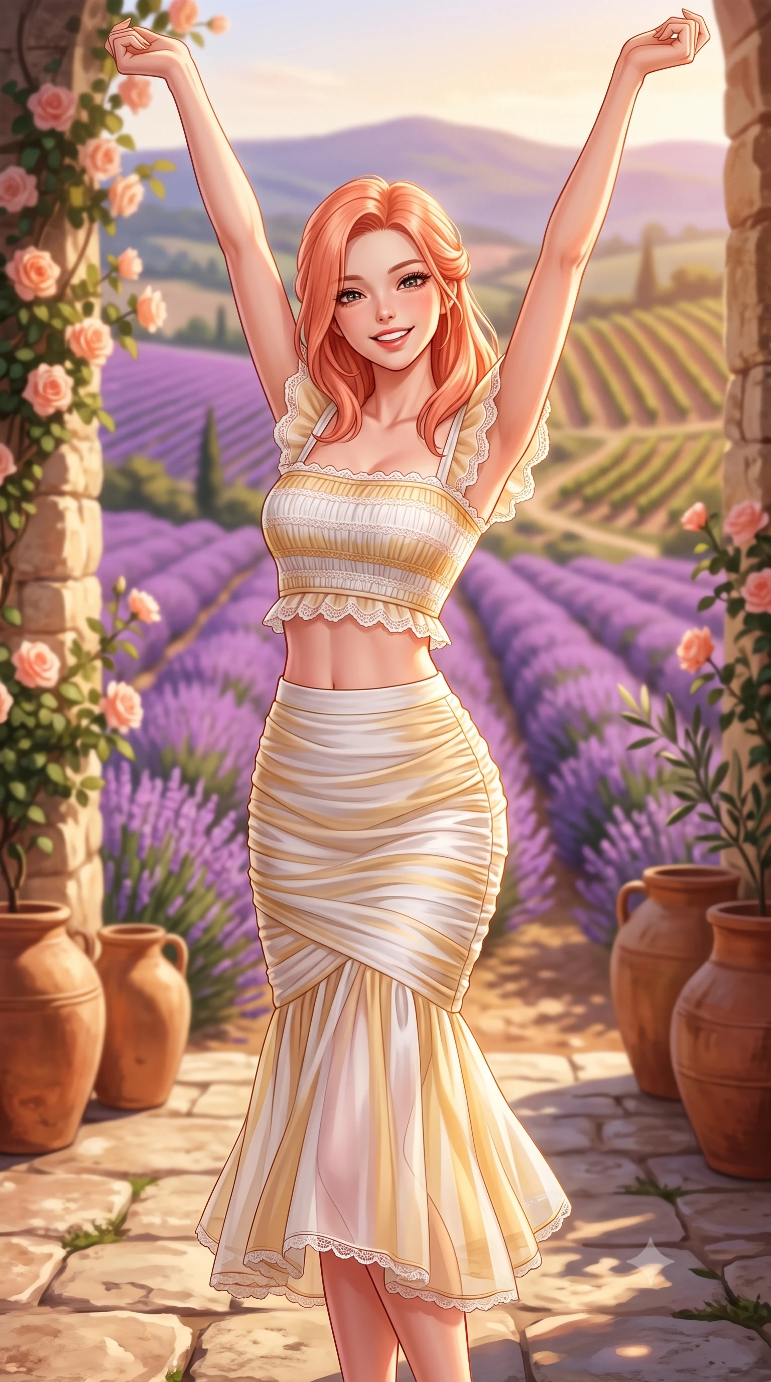 score_9, masterpiece, best quality, ultra-detailed, high-budget anime keyframe, semi-realistic 3D game render, editorial fashion photography, tasteful artistic composition, Japanese woman. close-up cowboy shot from the waist and thighs up, the character dominates the composition, filling the frame with her large presence. playfully stretching one arm overhead toward the sun, her radiant smile capturing fresh girlhood charm while her arched torso reveals an intoxicating hip contour while standing on the rustic limestone patio overlooking rolling purple lavender hills, arching her back with a radiant, carefree smile. The composition keeps background elements in soft focus with dreamy creamy bokeh. climbing climbing roses and terracotta olive jars softened in romantic French shallow focus. She has an exceptionally elegant, slender, and willowy female figure with an ultra-slim waist, flat toned midriff, narrow ribcage, and sculpted feminine hips creating an alluring, slim hourglass silhouette without bulk. sharp v-shaped jawline, high-bridge nose, intricate jewel-like sparkling eyes with depth, thick eyelashes, glossy parted lips with a natural peach sheen, bright cheerful beaming smile with an enchanting and coquettish sensual glint, exuding both youthful cute charm and seductive allure, flawlessly proportioned anatomical accuracy, strict slender model proportions, natural body alignment, perfectly sculpted long slender limbs, ultra-slim waistline, clean dynamic posture without body distortion. wearing a fitted square-neck smocked crop top paired with a curve-hugging ruched mermaid midi skirt in pure alabaster white and sun-kissed gold, woven from layered gossamer organza with weightless flutter, finished with delicate lace scallop edging along the neckline, the form-fitting cut adhering flawlessly to her sculpted flat midriff and slender torso, emphasizing her long leg lines and perfectly proportioned willowy build. illuminated by warm terracotta terrace bounce fill sharply sculpting her sculpted collarbones, ultra-slim waist, and curvy hips. highly saturated vibrant anime colors, detailed shading with soft gradients, rich glossy textures, high-contrast stereoscopic depth, volumetric dynamic lighting, master piece, 9:16 ratio