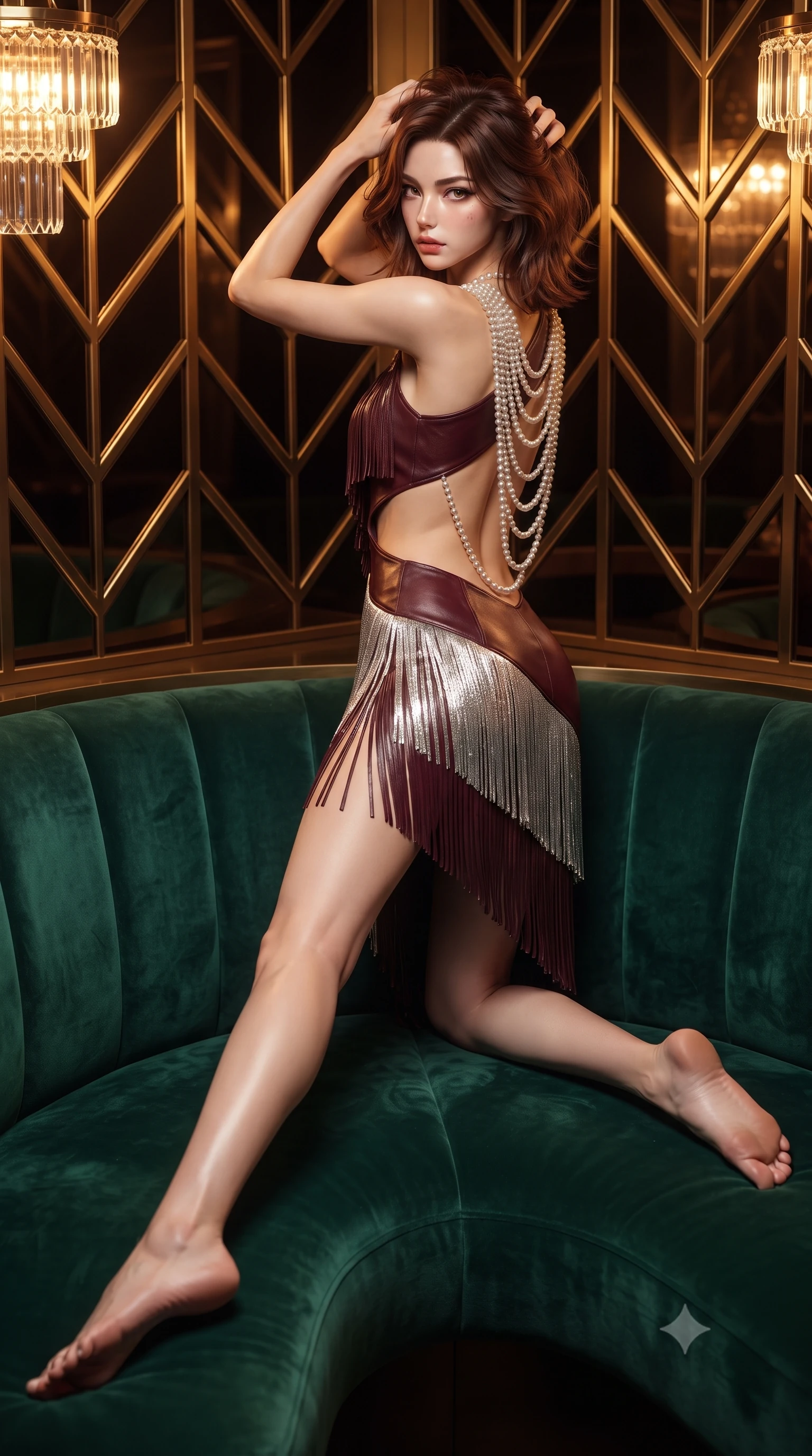 score_9, masterpiece, best quality, ultra-detailed, high-budget anime keyframe, editorial fashion photography, tasteful artistic composition, Korean woman. low angle full-body shot from head to toe showing her feet, filling the entire 9:16 vertical frame with her statuesque presence, stretching her vertical silhouette. posing with back turned slightly to the lens, glancing back with smoldering allure as she arches her lower back to emphasize her sculpted feminine hips and slender waist while lounging languidly in a circular VIP booth of emerald velvet, running fingers through her glossy hair as jazz music drifts. The surrounding environment is rendered in vivid detail and crisp panoramic clarity. sharp geometric brass chevron wall moldings, crystal glass facets, and velvet fabric pile in deep focus. She has an absolutely perfect, statuesque 8.5-heads proportion, an exceptionally tall and slender model-like female figure with impossibly long slender legs, a toned flat midriff, an ultra-slim waist, and beautifully sculpted feminine hips. sharp v-shaped jawline, high-bridge nose, intricate jewel-like eyes with depth, thick eyelashes, glossy parted lips with a natural sheen, intensely captivating and seductive bedroom-eyes expression, flawlessly proportioned anatomical accuracy, strict slender model proportions, natural body alignment, perfectly sculpted long slender limbs, ultra-slim waistline, clean dynamic posture without body distortion. wearing an asymmetric one-shoulder fringe flapper dress with an exposed midriff cutout in wine burgundy and shimmering silver, crafted from second-skin supple lambskin leather with liquid drape, accented with a multi-strand pearl back necklace cascading down her bare spine to her hips, the liquid-tight tailored fabric clinging flawlessly to her narrow waist and rounded feminine hips, emphasizing every millimeter of her sculpted hourglass curves during movement. bathed in warm incandescent chandelier warmth and vintage amber neon glow. ultra-reflective glossy finish, specular highlights, rich textural contrasts, high-contrast stereoscopic depth, volumetric dynamic lighting, 2k, ultra detail, master piece, 9:16 ratio