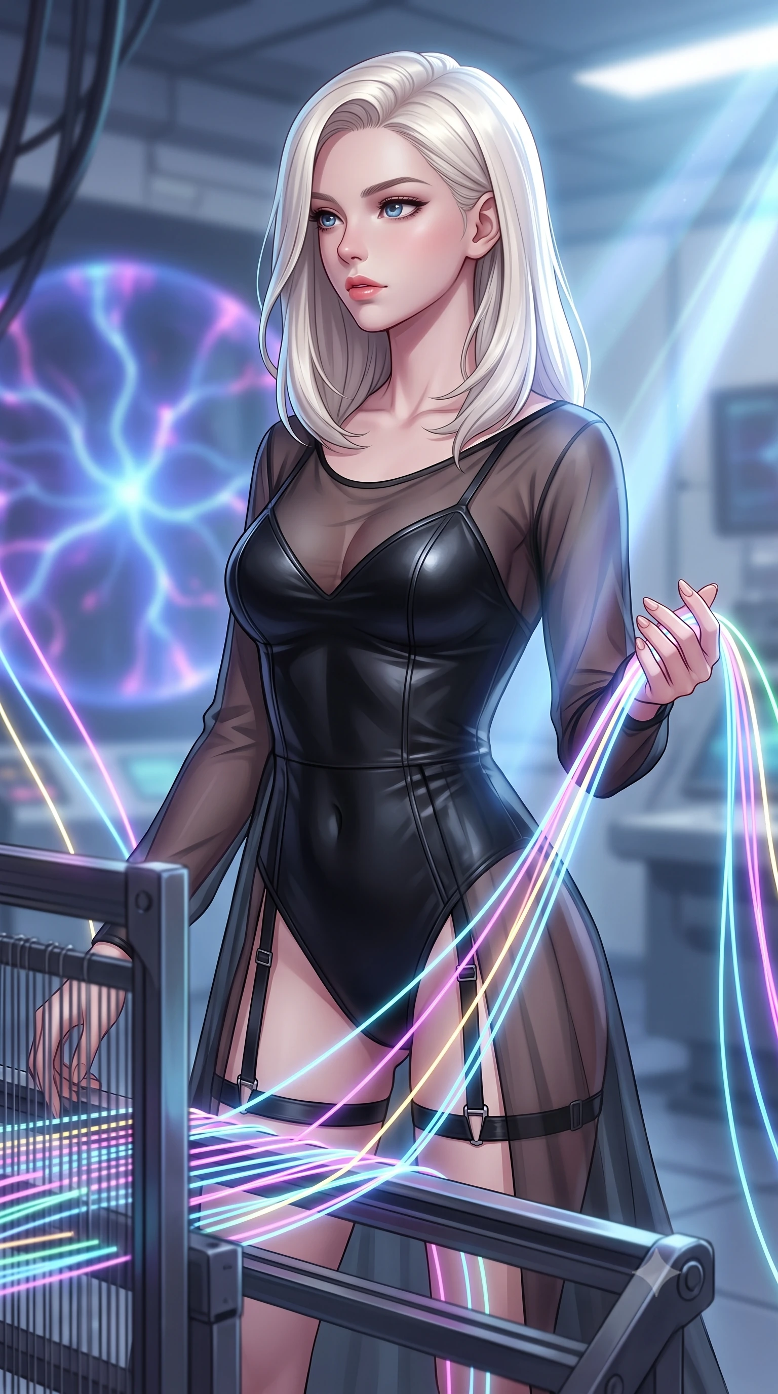 score_9, masterpiece, best quality, ultra-detailed, high-budget anime keyframe, editorial fashion photography, tasteful artistic composition, Caucasian woman. close-up cowboy shot from the waist and thighs up, the character dominates the composition, filling the frame with her large presence, background elements kept in soft focus. Gazing past the camera with an air of effortless elegance and mysterious confidence threading neon fiber-optic ribbons in a futuristic laboratory room, glowing plasma arcs pulsating rhythmically in the background. She has an exceptionally elegant, slender, and willowy female figure with an ultra-slim waist, a gracefully sculpted slender torso, and a refined silhouette. sharp v-shaped jawline, high-bridge nose, intricate jewel-like eyes with depth, thick eyelashes, glossy lips with a natural sheen. wearing a semi-opaque sheer overlay dress over a sleek leather micro-bodysuit with garter details, the elegant draped fit framing her graceful clavicle and slender torso. lit by bright volumetric laser beams and soft specular highlights. highly saturated vibrant anime colors, detailed shading with soft gradients, rich glossy textures, high-contrast stereoscopic depth, volumetric dynamic lighting, master piece, 9:16 ratio