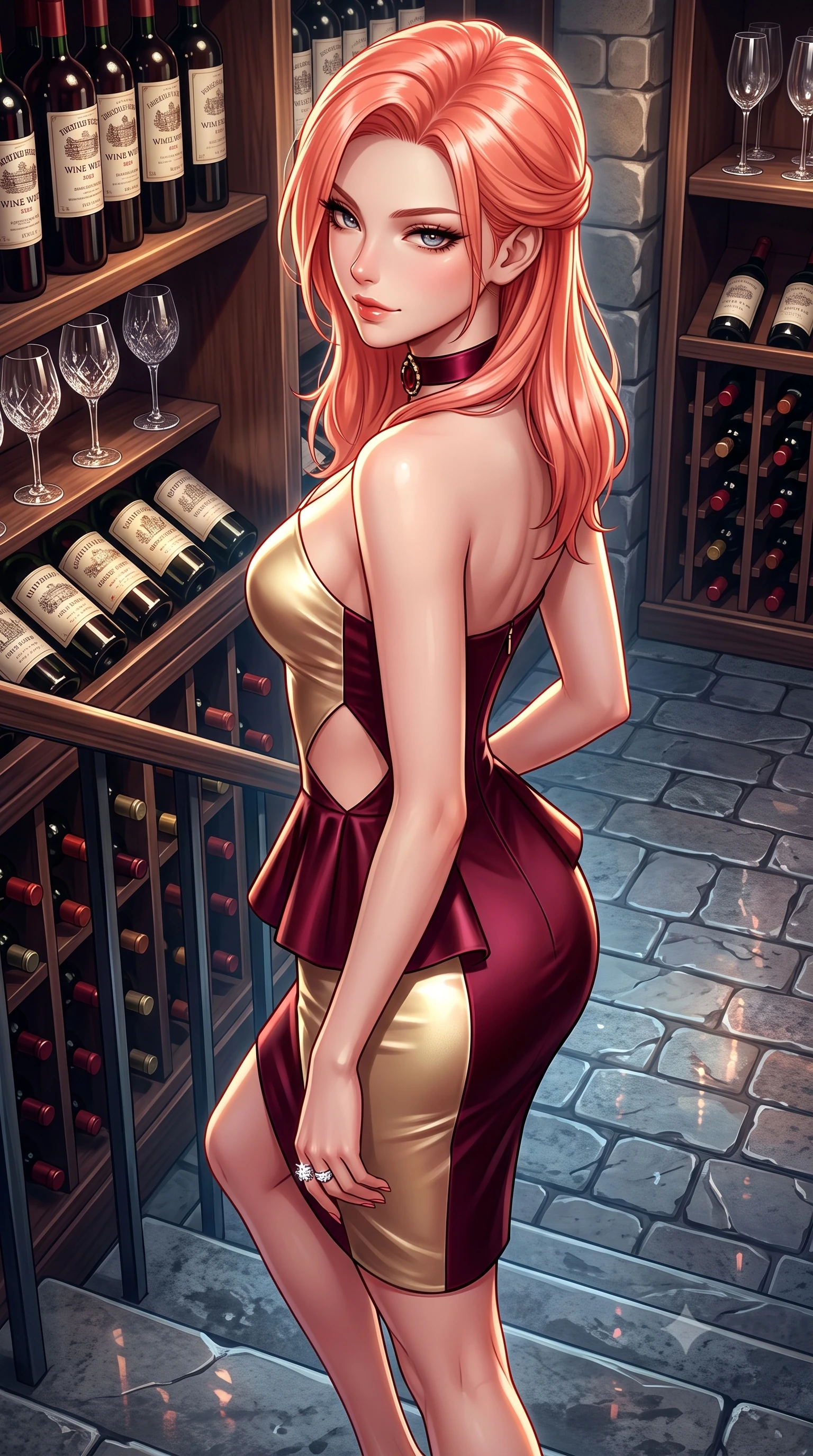 score_9, masterpiece, best quality, ultra-detailed, high-budget anime keyframe, semi-realistic 3D game render, editorial fashion photography, tasteful artistic composition, Japanese woman. close-up cowboy shot from the waist and thighs up, the character dominates the composition, filling the frame with her large presence. twisting her slender torso in a deep contrapposto stance, hips dramatically shifted to accentuate her feminine curves while looking past her shoulder with smoldering bedroom-eyes while gliding down the cool stone cellar steps with supermodel poise, looking back over a bare shoulder with an intoxicating, aristocratic half-smile. The surrounding environment is rendered in vivid detail and crisp panoramic clarity. detailed vintage wine label typography, crystal glass facets, and cobblestone floor reflections in high clarity. She has an exceptionally elegant, slender, and willowy female figure with an ultra-slim waist, a gracefully sculpted slender torso, toned flat midriff, and rounded feminine hips creating an alluring hourglass silhouette. sharp v-shaped jawline, high-bridge nose, intricate jewel-like eyes with depth, thick eyelashes, glossy parted lips with a natural sheen, intensely captivating and seductive bedroom-eyes expression, flawlessly proportioned anatomical accuracy, strict slender model proportions, natural body alignment, perfectly sculpted long slender limbs, ultra-slim waistline, clean dynamic posture without body distortion. wearing a modern peplum corset dress with side-waist diamond cutouts and an ultra-tight silhouette in deep Merlot burgundy and liquid gold, tailored from ultra-smooth duchess satin with a pearlescent wine sheen, complemented by a bold antique garnet choker and sparkling cocktail ring, the liquid-tight tailored fabric clinging flawlessly to her narrow waist and rounded feminine hips, emphasizing every millimeter of her sculpted hourglass curves during movement. illuminated by rich specular rim lights defining her razor-sharp jawline, narrow waist, and curvy hips. highly saturated vibrant anime colors, detailed shading with soft gradients, rich glossy textures, high-contrast stereoscopic depth, volumetric dynamic lighting, master piece, 9:16 ratio