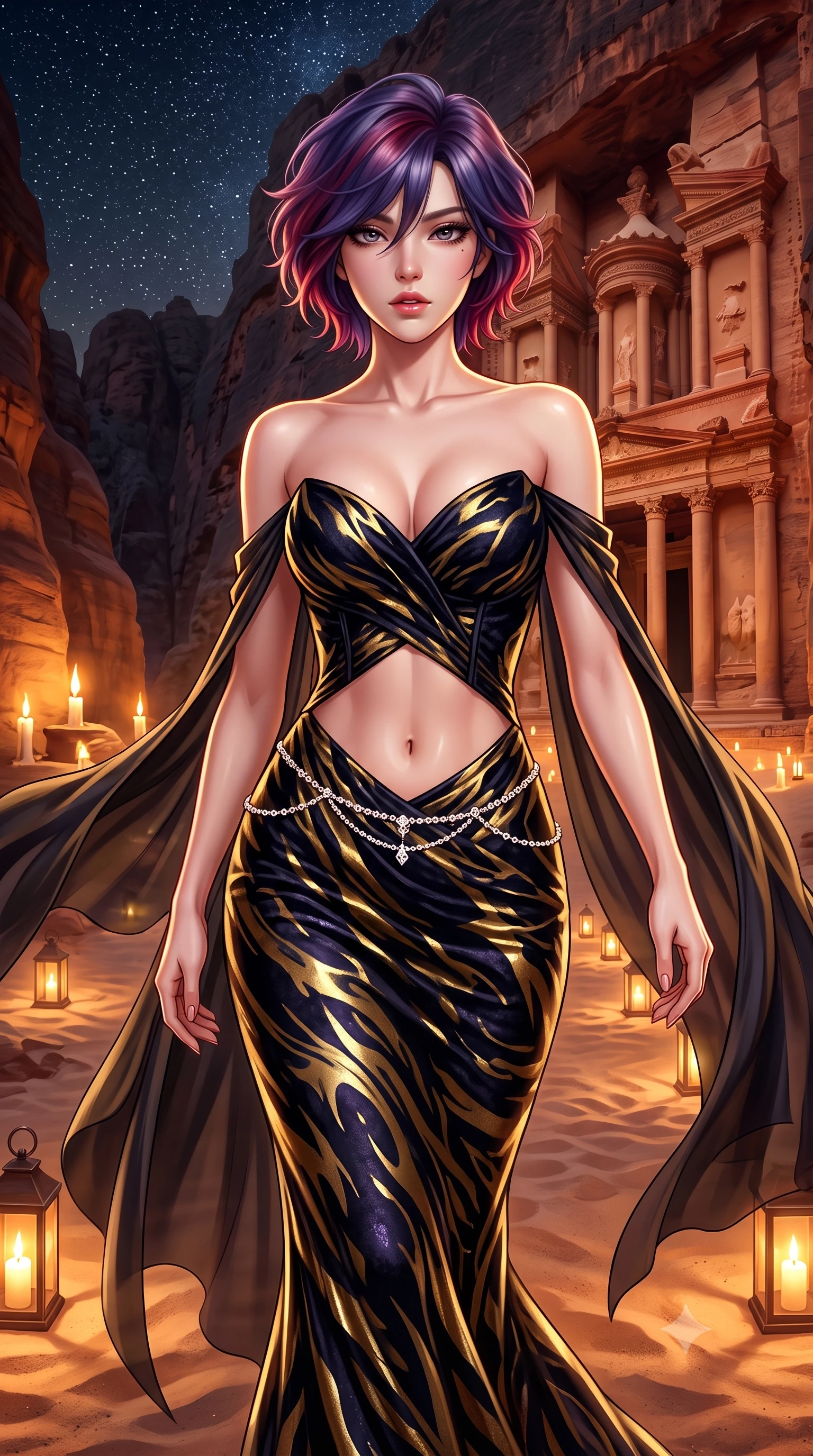 score_9, masterpiece, best quality, ultra-detailed, high-budget anime keyframe, semi-realistic 3D game render, editorial fashion photography, tasteful artistic composition, Korean woman. close-up cowboy shot from the waist and thighs up, the character dominates the composition, filling the frame with her large presence. leaning back with relaxed seductive grace, her sculpted collarbones and narrow waist highlighted as she casts smoldering bedroom-eyes directly into the camera while walking gracefully down the lantern-lit sand pathway, her sweeping desert gown fluttering around her long slender limbs under the starlit sky. The surrounding environment is rendered in vivid detail and crisp panoramic clarity. detailed silk chiffon cape drape, flickering candlelight sheen on skin, and Petra Treasury facade clarity in high resolution. She has an exceptionally elegant, slender, and willowy female figure with an ultra-slim waist, flat toned midriff, narrow ribcage, and sculpted feminine hips creating an alluring, slim hourglass silhouette without bulk. sharp v-shaped jawline, high-bridge nose, intricate jewel-like eyes with depth, thick eyelashes, glossy parted lips with a natural sheen, intensely captivating and seductive bedroom-eyes expression, flawlessly proportioned anatomical accuracy, strict slender model proportions, natural body alignment, perfectly sculpted long slender limbs, ultra-slim waistline, clean dynamic posture without body distortion. wearing a deep sweetheart neckline crushed velvet corseted ballgown with an exposed midriff cutout in midnight obsidian black and liquid gold, tailored from liquid silk jersey adhering flawlessly to her slender build, accented with a dainty diamond waist chain catching the ambient light reflections, the second-skin form-contouring cut accentuating her sculpted flat midriff, narrow delicate ribcage, and gracefully curvy hips with supermodel precision. illuminated by warm sandstone ambient reflections sharply contouring her razor-sharp jawline, narrow waist, and curvy hips. highly saturated vibrant anime colors, detailed shading with soft gradients, rich glossy textures, high-contrast stereoscopic depth, volumetric dynamic lighting, master piece, 9:16 ratio