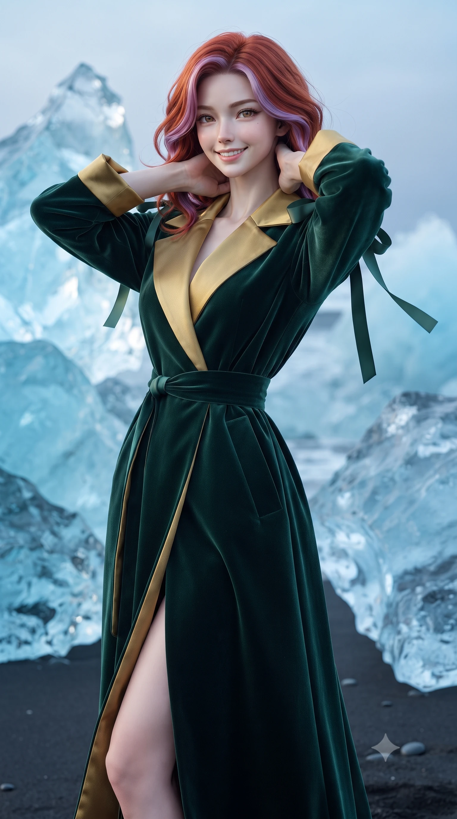 score_9, masterpiece, best quality, ultra-detailed, high-budget anime keyframe, editorial fashion photography, tasteful artistic composition, Caucasian woman. close-up cowboy shot from the waist and thighs up, the character dominates the composition, filling the frame with her large presence. resting both hands lightly behind her neck with elbows raised, arching her spine to highlight her narrow waist, flat midriff, and breathtaking collarbones while standing poised on the pristine black sand beside colossal diamond-clear translucent icebergs glowing like cut crystal, arching her lower back with regal high-fashion grace. The background shows a soft-focus fine glacial ocean spray softened in surreal Nordic iceberg sanctuary shallow focus. She has an exceptionally elegant, slender, and willowy female figure with an ultra-slim waist, flat toned midriff, narrow ribcage, and sculpted feminine hips creating an alluring, slim hourglass silhouette without bulk. sharp v-shaped jawline, high-bridge nose, intricate jewel-like sparkling eyes with depth, thick eyelashes, glossy parted lips with a natural peach sheen, bright cheerful beaming smile with an enchanting and coquettish sensual glint, exuding both youthful cute charm and seductive allure, flawlessly proportioned anatomical accuracy, strict slender model proportions, natural body alignment, perfectly sculpted long slender limbs, ultra-slim waistline, clean dynamic posture without body distortion. wearing a bespoke Japanese minimalist silk kimono-collar structured trench coat with obi sash belt in Bavarian alpine spruce green and Neuschwanstein gilded gold, tailored from ultra-plush silk velvet with rich tactile depth and deep shadow gradients, finished with satin ribbon ties at the shoulders fluttering in the gentle breeze, the impeccably tailored cut draping gracefully along her slender figure with aristocratic poise. bathed in the crisp 5500K silver twilight luminance reflecting through transparent blue glacial ice sculptures. ultra-reflective glossy finish, specular highlights, rich textural contrasts, high-contrast stereoscopic depth, volumetric dynamic lighting, 2k, ultra detail, master piece, 9:16 ratio