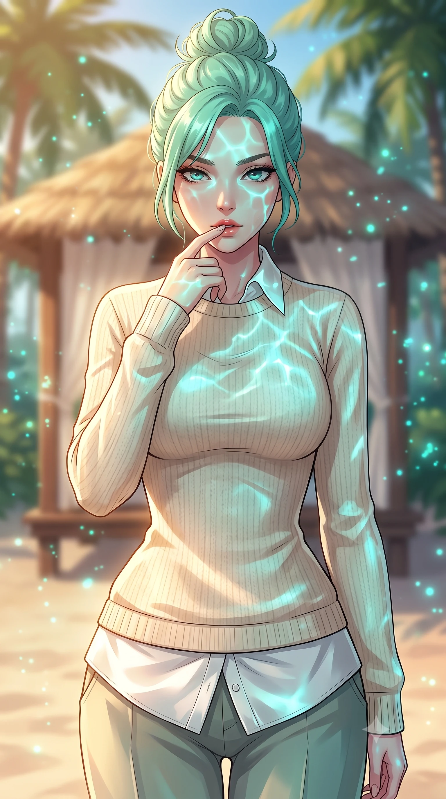 score_9, masterpiece, best quality, ultra-detailed, high-budget anime keyframe, tasteful artistic composition, Japanese woman. close-up cowboy shot from the waist and thighs up, the character dominates the composition, filling the frame with her large presence, background elements kept in soft focus. pressing one finger to her bottom lip in a thoughtful, seductive gesture under the warm sun the background shows a soft-focus a secluded beachside cabana surrounded by palm trees and glowing sea plankton. She has an exceptionally elegant, slender, and willowy female figure with an ultra-slim waist, a gracefully sculpted slender torso, and a refined silhouette. sharp v-shaped jawline, high-bridge nose, intricate jewel-like eyes with depth, thick eyelashes, glossy lips with a natural sheen. wearing a form-contouring comfortable cream knit sweater worn over a white silk button-down shirt and relaxed slacks. shifting turquoise light reflections from the water surface mapping across her features. highly saturated vibrant anime colors, cel-shading, 2d style, master piece, 9:16 ratio