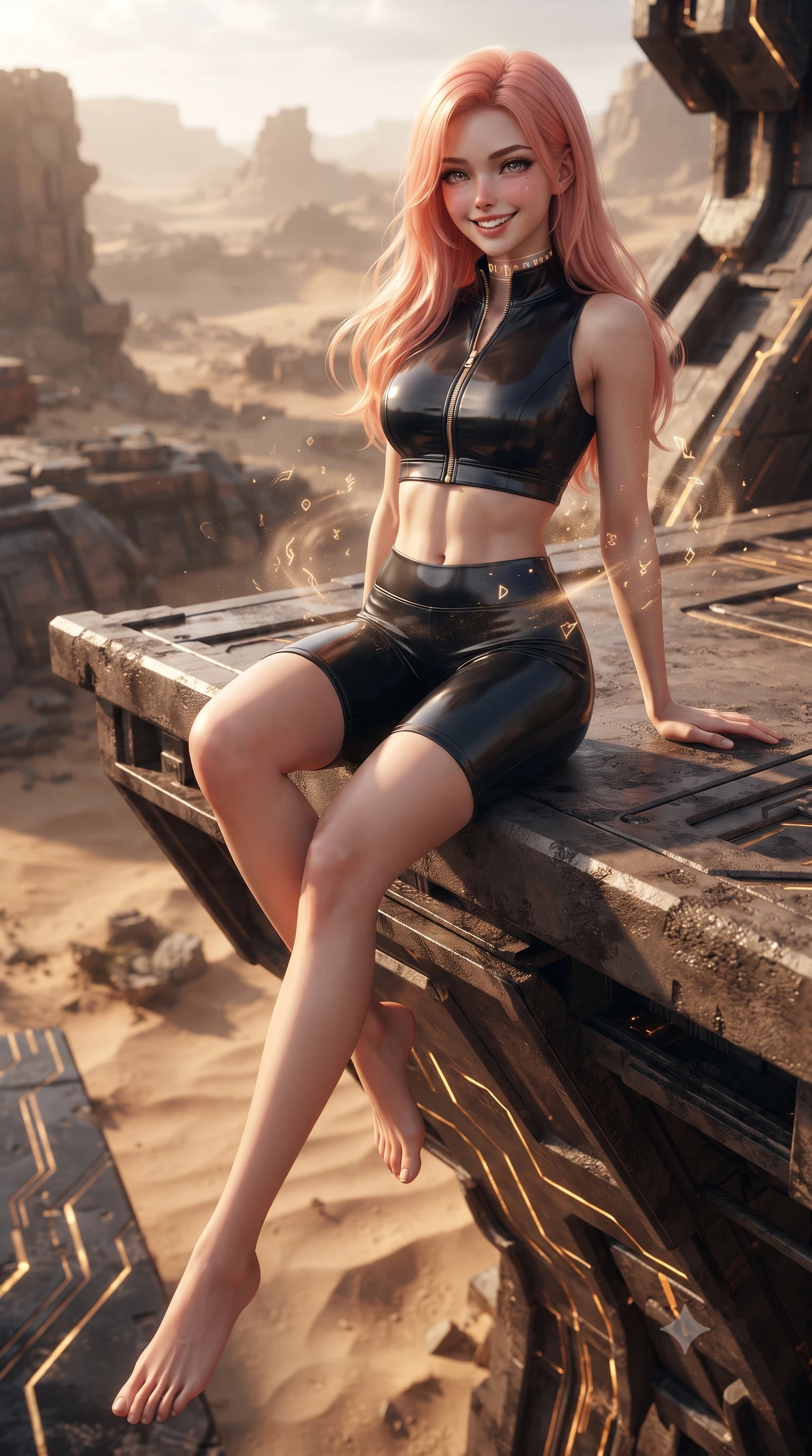 score_9, masterpiece, best quality, ultra-detailed, high-budget anime keyframe, editorial fashion photography, tasteful artistic composition, Japanese woman. low angle full-body shot from head to toe showing her feet, filling the entire 9:16 vertical frame with her statuesque presence, stretching her vertical silhouette. sitting perched on the elevated maintenance gantry edge with legs crossed and hips angled toward the camera, displaying her toned midriff and long slender limbs with joyful, coquettish charm while twisting her slender torso in an alluring contrapposto stance, desert dust and floating rune particles swirling around her narrow waist and hips. The surrounding environment is rendered in vivid detail and crisp panoramic clarity: sharp alien circuit engravings on polished obsidian stone, sand ripple textures, and metal shard bevels in deep focus. She has an absolutely perfect, statuesque 8.5-heads proportion, an exceptionally tall and slender model-like female figure with impossibly long slender legs, an ultra-slim waist, a flat toned midriff, narrow delicate ribcage, and beautifully sculpted feminine hips creating a graceful, slim hourglass silhouette without any bulky heaviness. sharp v-shaped jawline, high-bridge nose, intricate jewel-like sparkling eyes with depth, thick eyelashes, glossy parted lips with a natural sheen, bright confident smile with an enchanting and coquettish sensual glint, exuding both youthful magnetic charm and sovereign high-tech allure, flawlessly proportioned anatomical accuracy, strict slender model proportions, natural body alignment, perfectly sculpted long slender limbs, ultra-slim waistline, clean dynamic posture without body distortion. wearing a sleek two-piece combat athletic set with a zip-front mock-neck crop top and contouring biker shorts hugging her curvy hips in glossy onyx black and warm champagne gold hardware, formed from supple thermal silicone composite adhering seamlessly like a second skin, complemented by a high-tech holographic choker projecting miniature glyphs, the liquid-tight tailored fabric clinging flawlessly to her narrow waist and rounded feminine hips, emphasizing every millimeter of her sculpted slim hourglass curves without any bulky heaviness. illuminated by glowing monolith circuit veins and sharp golden-amber rim lights sculpting her razor-sharp jawline, narrow waist, and curvy hips. ultra-reflective glossy finish, specular highlights, rich textural contrasts, high-contrast stereoscopic depth, volumetric dynamic lighting, 2k, ultra detail, master piece, 9:16 ratio