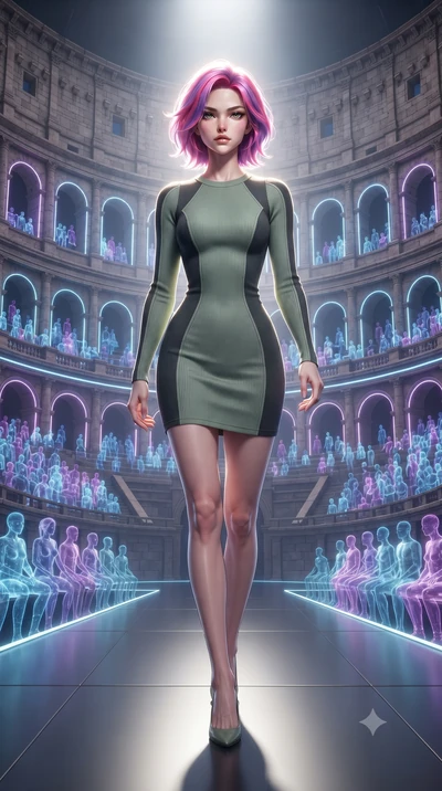 score_9, masterpiece, best quality, ultra-detailed, high-budget anime keyframe, editorial fashion photography, tasteful artistic composition, Caucasian woman, strictly human ears. low angle full-body shot from head to toe showing her feet, filling th