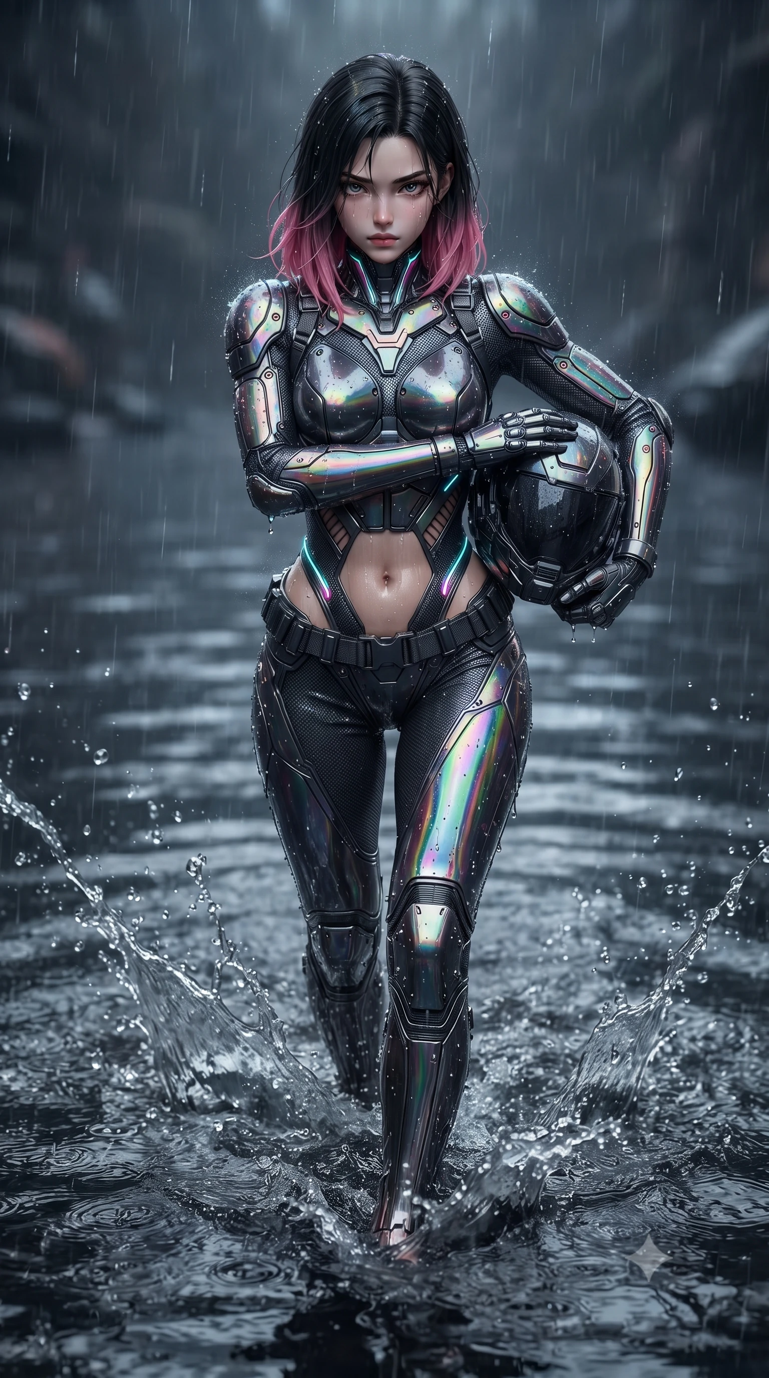 score_9, masterpiece, best quality, ultra-detailed, high-budget anime keyframe, editorial fashion photography, tasteful artistic composition, Korean woman. close-up cowboy shot from the waist and thighs up, the character dominates the composition, filling the frame with her large presence. shifting into a low cat-stance with arms crossed defensively, glowing energy conduits tracing her ultra-slim waist and sculpted clavicle while striding through knee-deep dark water with unwavering momentum, her long slender legs and athletic torso cutting through the tide. The surrounding environment is rendered in vivid detail and crisp panoramic clarity. sharp water droplet spray crests, razor-sharp shin guard plating seams, and wet carbon fiber in deep focus. She has an exceptionally elegant, slender, and willowy female figure with an ultra-slim waist, a gracefully sculpted slender torso, toned flat midriff, and a refined slim silhouette. sharp v-shaped jawline, high-bridge nose, intricate jewel-like eyes with depth, thick eyelashes, glossy lips with a natural sheen, fierce and resolute heroine expression, flawlessly proportioned anatomical accuracy, strict slender model proportions, natural body alignment, perfectly sculpted long slender limbs, ultra-slim waistline, clean dynamic posture without body distortion. holding a modular carbon battle-helmet under one arm, her flawless face and sculpted neck exposed to the rain with determined warrior focus, paired with a form-contouring high-mobility battle-suit featuring sculpted carbon chest plating, diagonal midriff ventilation cutouts, and kinetic knee vambraces in high-gloss iridescent rainbow carbon with scorched titanium plating, tailored from flexible second-skin ballistic carbon-mesh adhering flawlessly to her athletic build, reinforced by a heavy-duty titanium tactical harness and glowing micro-energy status straps, the form-contouring material adhering flawlessly to her sculpted flat midriff and slender torso, emphasizing her long leg lines and perfectly proportioned willowy build. illuminated by wet reflective highlights tracing her sculpted collarbones, waistline, and long slender legs. ultra-reflective glossy finish, specular highlights, dark metallic sheen, high-contrast stereoscopic depth, volumetric dynamic lighting, 2k, ultra detail, master piece, 9:16 ratio