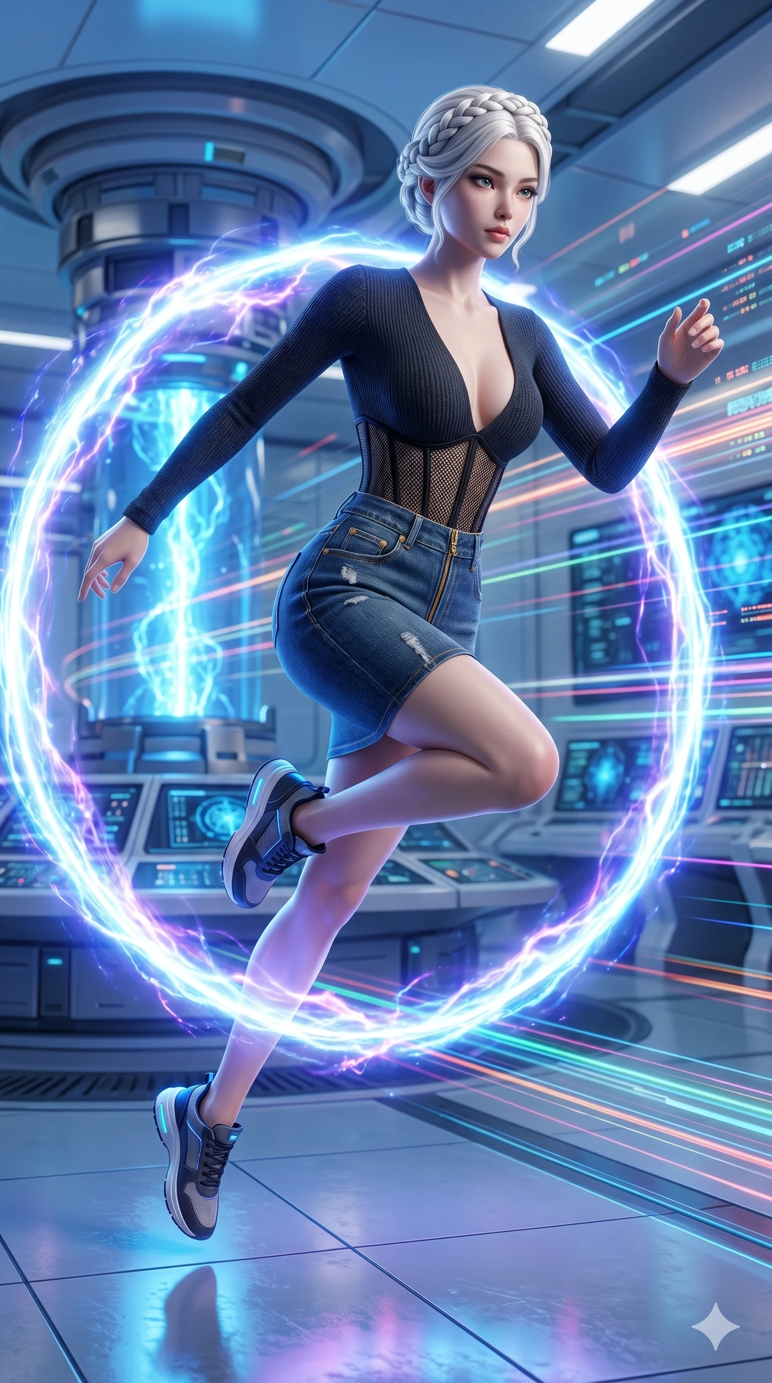 score_9, masterpiece, best quality, ultra-detailed, Set A: Photorealistic 8k CG, Japanese woman. Low angle cowboy shot filling the entire 9:16 frame with her statuesque presence. Leaping through a ring of glowing plasma in a high-tech laboratory. She has an absolutely perfect 8-heads proportion, an exceptionally tall and slender female figure with impossibly long slender legs and an ultra-slim waist. Sharp v-shaped jawline, high-bridge nose, intricate jewel-like eyes with depth, thick eyelashes, glossy lips. Wearing an Urban Trendsetter outfit: deep-cut bodycon dress with high-waist denim and sheer corset. Background is a bright and colorful lab with blue energy cores and vibrant light trails. 2k, ultra detail, master piece, 9:16 ratio