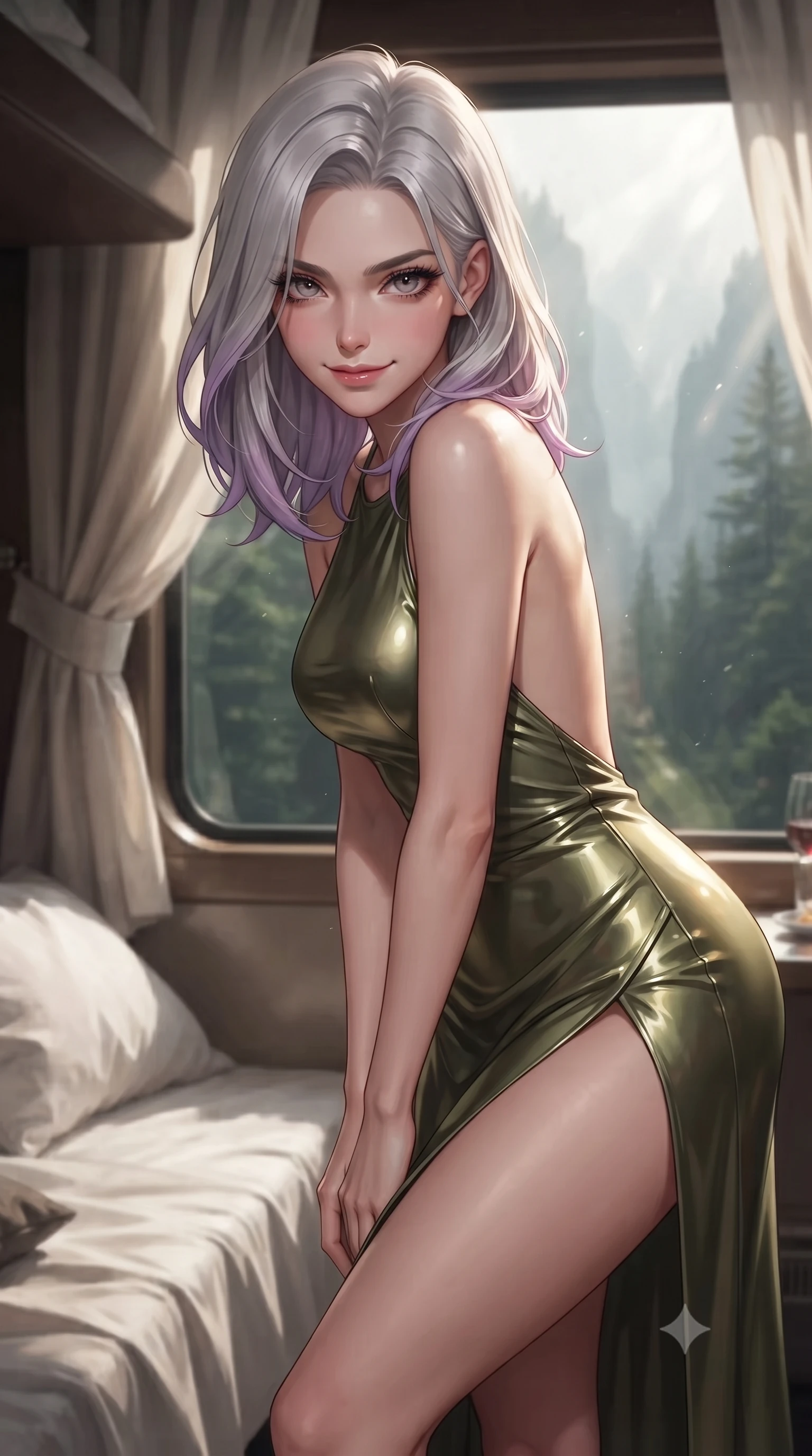 score_9, masterpiece, best quality, ultra-detailed, high-budget anime keyframe, editorial fashion photography, tasteful artistic composition, Caucasian woman. close-up cowboy shot from the waist and thighs up, the character dominates the composition, filling the frame with her large presence, background elements kept in soft focus. leaning slightly forward with a playful, teasing smile, her gaze locked onto the viewer the background shows a soft-focus a luxury sleeper berth with soft linen drapes and a view of misty forest canyons. She has an exceptionally elegant, slender, and willowy female figure with an ultra-slim waist, a gracefully sculpted slender torso, and a refined silhouette. sharp v-shaped jawline, high-bridge nose, intricate jewel-like eyes with depth, thick eyelashes, glossy lips with a natural sheen. wearing a slim-fit dramatic open-back maxi dress in olive green, featuring a high thigh slit. dappled sunlight filtering through the window as the train passes trees. ultra-reflective glossy finish, specular highlights, metallic sheen, high-contrast stereoscopic depth, volumetric dynamic lighting, 2k, ultra detail, master piece, 9:16 ratio