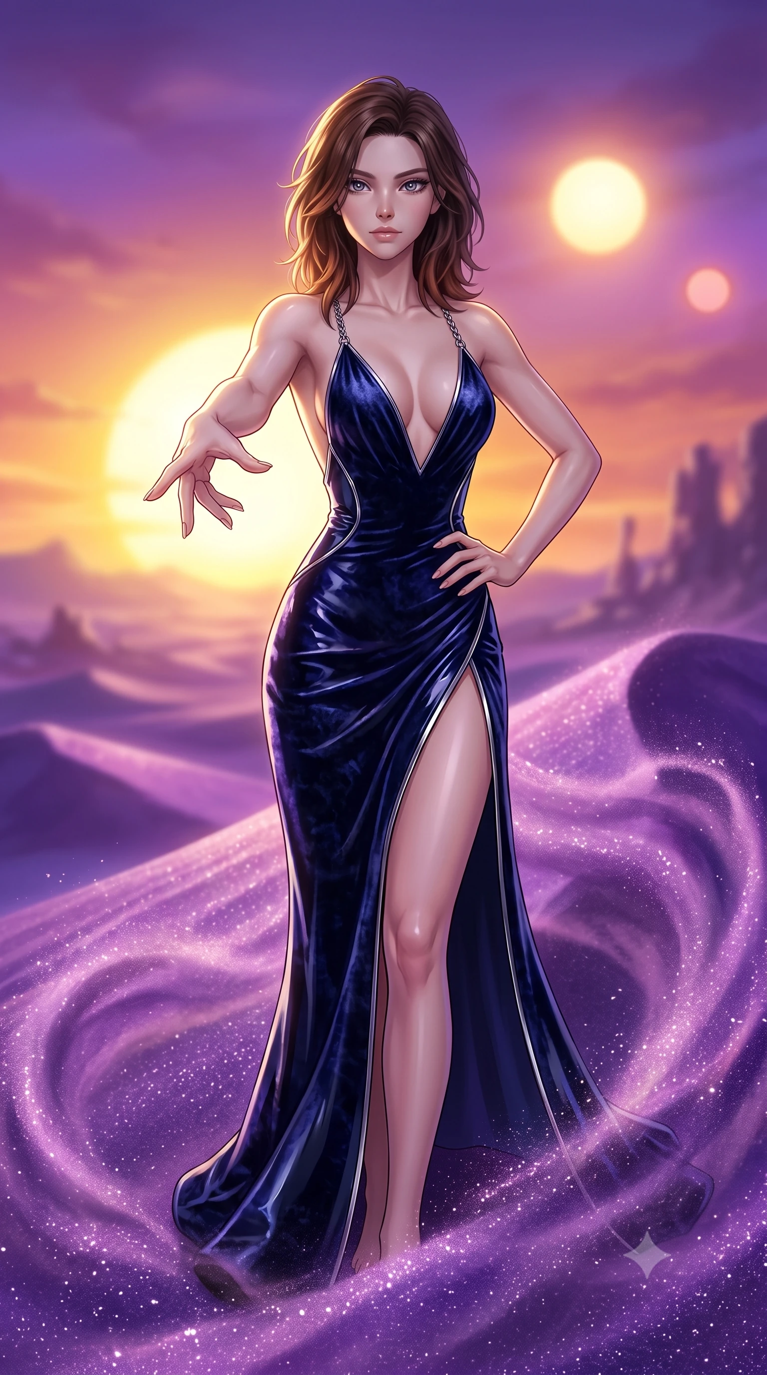 score_9, masterpiece, best quality, ultra-detailed, high-budget anime keyframe, editorial fashion photography, tasteful artistic composition, Korean woman. close-up cowboy shot from the waist and thighs up, the character dominates the composition, filling the frame with her large presence, background elements kept in soft focus. Reaching one hand gracefully toward the viewer with effortless superiority and allure standing on a high dune of violet crystal sand under a twin sun sunset, swirling gusts of fine purple crystal sand shimmering like diamond dust. She has an exceptionally elegant, slender, and willowy female figure with an ultra-slim waist, a gracefully sculpted slender torso, and a refined silhouette. sharp v-shaped jawline, high-bridge nose, intricate jewel-like eyes with depth, thick eyelashes, glossy lips with a natural sheen. wearing a backless crushed velvet gown with a deep V-neckline and high thigh slit in midnight navy blue and chrome trim, tailored from high-gloss patent leather, adorned with delicate metallic chain straps along the neckline, the sleek second-skin texture accentuating her magnetic presence. illuminated by dramatic golden sunset key light and rich purple ambient fill. highly saturated vibrant anime colors, detailed shading with soft gradients, rich glossy textures, high-contrast stereoscopic depth, volumetric dynamic lighting, master piece, 9:16 ratio