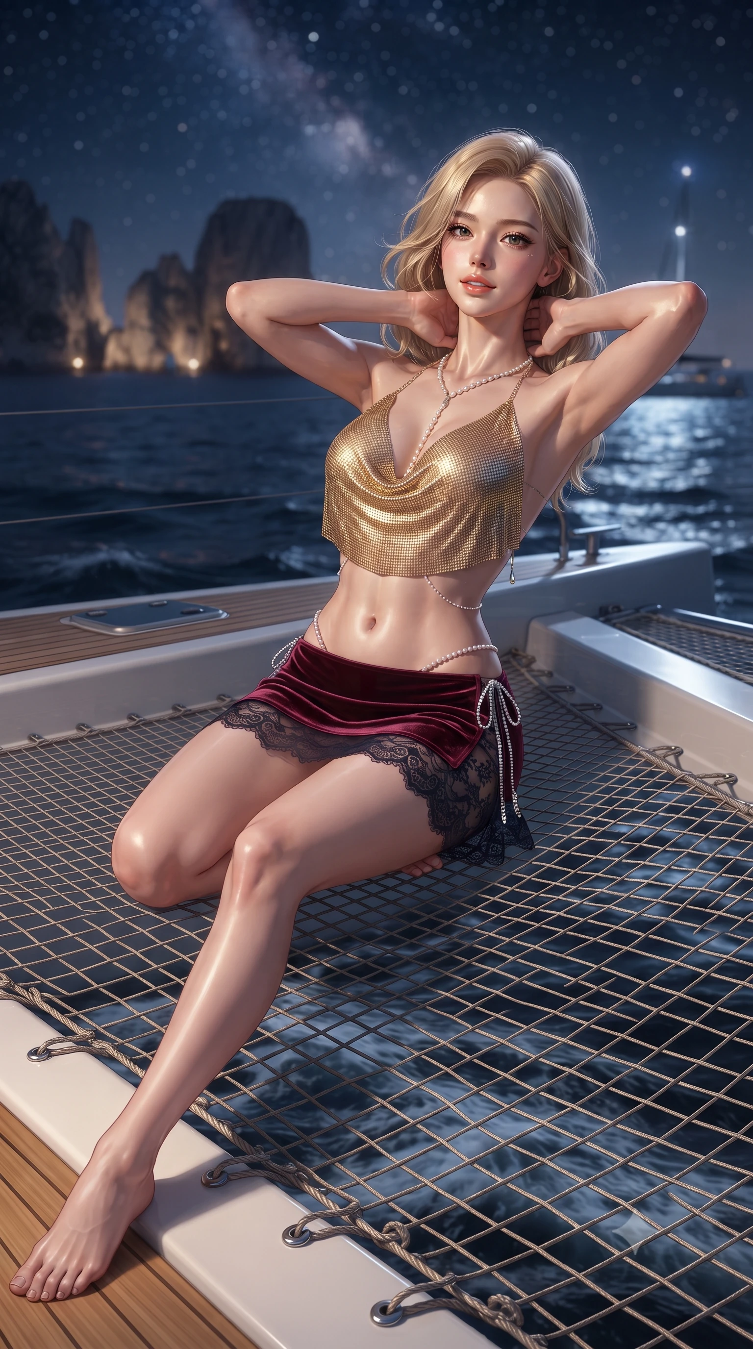 score_9, masterpiece, best quality, ultra-detailed, high-budget anime keyframe, editorial fashion photography, tasteful artistic composition, Korean woman. close-up cowboy shot from the waist and thighs up, the character dominates the composition, filling the frame with her large presence. resting both hands lightly behind her neck with elbows raised, arching her spine to highlight her narrow waist, flat midriff, and breathtaking collarbones while reclining across the oversized forward trampoline netting between the twin hulls, arching her back with sensual siren ease as dark waves rush underneath. The background shows a soft-focus illuminated limestone cliffs of Capri across dark open waters, cruising yacht masthead lights, and starry night sky blurred into champagne, sapphire, and starlight bokeh. She has an exceptionally elegant, slender, and willowy female figure with an ultra-slim waist, flat toned midriff, narrow ribcage, and sculpted feminine hips creating an alluring, slim hourglass silhouette without bulk. sharp v-shaped jawline, high-bridge nose, sparkling eyes with hypnotic seductive depth, thick curled eyelashes, glossy parted lips with a natural dewy peach sheen, alluring bedroom-eyes with an enchanting coquettish smile, exuding magnetic siren charisma and sophisticated glamour, flawlessly proportioned anatomical accuracy, strict slender model proportions, natural body alignment, perfectly sculpted long slender limbs, ultra-slim waistline, clean dynamic posture without body distortion. wearing a liquid gold chainmail cowl halter top paired with an ultra-low-rise velvet mini skirt and side rhinestone ties in Gion dark cherry and midnight obsidian, made of delicate semi-sheer French Chantilly lace with intricate eyelash edges, accented with a pearl-drop body harness subtly framing her dewy collarbones and spine, the precision-cut side openings and low-back scoop framing her graceful spine and the sensual sweep of her slim, toned hips. bathed in subtle warm teak deck courtesy LEDs combined with pure silver full moonlight reflecting off open water. ultra-reflective glossy finish, specular highlights, rich textural contrasts, high-contrast stereoscopic depth, volumetric dynamic lighting, 2k, ultra detail, master piece, 9:16 ratio