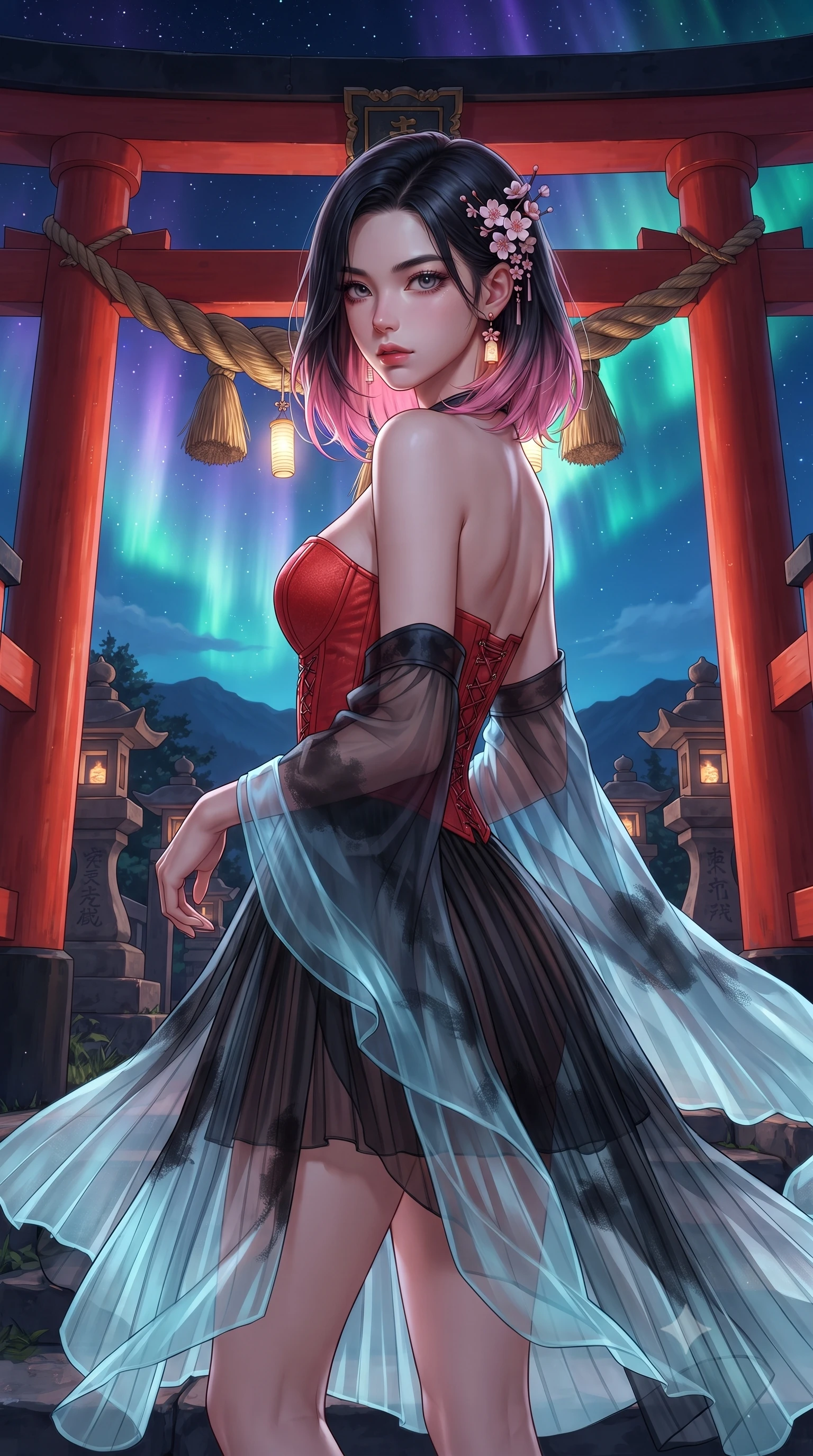 score_9, masterpiece, best quality, ultra-detailed, high-budget anime keyframe, editorial fashion photography, tasteful artistic composition, Korean woman. close-up cowboy shot from the waist and thighs up, the character dominates the composition, filling the frame with her large presence. turning over her shoulder with an indomitable, smoldering gaze, her soft hair framing her razor-sharp v-shaped jawline while standing atop a mountain shrine ridge framed by a colossal vermilion torii gate under a dancing violet and emerald aurora. The surrounding environment is rendered in vivid detail and crisp panoramic clarity. intricate vermilion torii wood grain, braided straw shimenawa textures, and stone lantern carvings in deep focus. She has an exceptionally elegant, slender, and willowy female figure with an ultra-slim waist, a gracefully sculpted slender torso, toned flat midriff, and a refined slim silhouette. sharp v-shaped jawline, high-bridge nose, intricate jewel-like eyes with depth, thick eyelashes, glossy lips with a natural sheen, captivating and magnetic expression, flawlessly proportioned anatomical accuracy, strict slender model proportions, natural body alignment, perfectly sculpted long slender limbs, ultra-slim waistline, clean dynamic posture without body distortion. wearing a sacred shrine maiden couture robe with sheer pleated chiffon skirt and structured scarlet corset top in dark ink-wash black and radiant moonlight cyan, crafted from weightless prism organza that refracts light with every motion, accessorized with delicate cherry blossom hairpins and glowing paper lantern charms, the breezy yet form-flattering drape swaying gracefully with her steps, accentuating her long willowy limbs and slim waistline. illuminated by crisp directional rim lighting accentuating her slender curves, bare spine, and flowing robes. ultra-reflective glossy finish, specular highlights, rich textural contrasts, high-contrast stereoscopic depth, volumetric dynamic lighting, 2k, ultra detail, master piece, 9:16 ratio