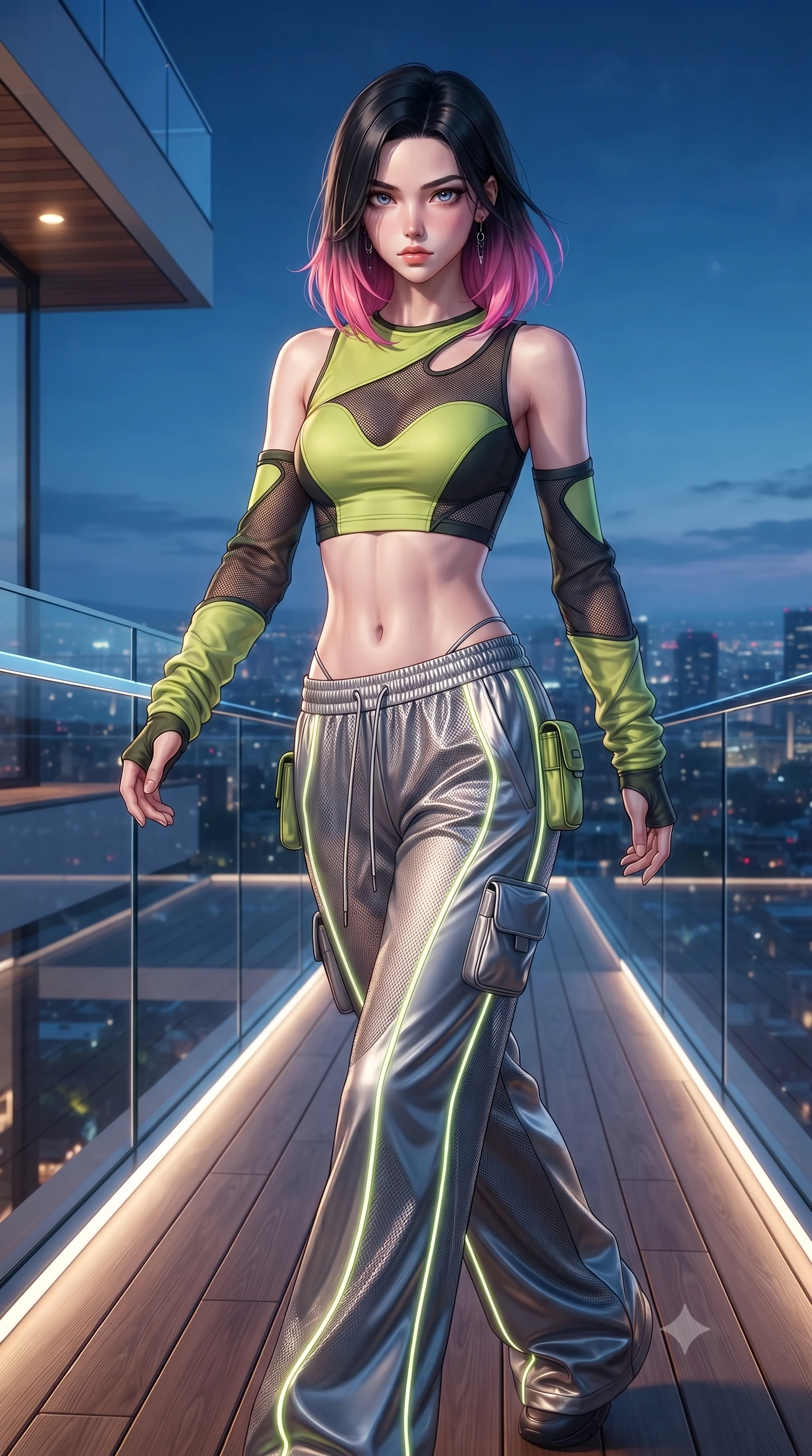 score_9, masterpiece, best quality, ultra-detailed, high-budget anime keyframe, editorial fashion photography, tasteful artistic composition, Korean woman. close-up cowboy shot from the waist and thighs up, the character dominates the composition, filling the frame with her large presence. radiating intense magnetic charisma with jewel-like eyes locked onto the viewer, her upper body turning in a dynamic, fluid S-curve while striding along the illuminated glass deck with effortless high-fashion authority and statuesque poise. The surrounding environment is rendered in vivid detail and crisp panoramic clarity. crystal-clear penthouse glass railings, modern teak wood decking, and sharp architectural angles in deep focus. She has an exceptionally elegant, slender, and willowy female figure with an ultra-slim waist, a gracefully sculpted slender torso, toned flat midriff, and a refined slim silhouette. sharp v-shaped jawline, high-bridge nose, intricate jewel-like eyes with depth, thick eyelashes, glossy lips with a natural sheen, captivating and magnetic expression, flawlessly proportioned anatomical accuracy, strict slender model proportions, natural body alignment, perfectly sculpted long slender limbs, ultra-slim waistline, clean dynamic posture without body distortion. wearing a sporty Y2K mesh-paneled crop top with asymmetrical sleeve warmers and low-slung metallic track pants in acid lime green and dark obsidian, made of breathable technical athletic mesh and liquid-finish track nylon, finished with glowing fiber-optic seam piping and miniature utility pouches edition #27, the breezy yet form-flattering drape swaying gracefully with her steps, accentuating her long willowy limbs and slim waistline. illuminated by crisp directional edge lights sharply sculpting her slender waist and long slender legs. ultra-reflective glossy finish, specular highlights, rich textural contrasts, high-contrast stereoscopic depth, volumetric dynamic lighting, 2k, ultra detail, master piece, 9:16 ratio
