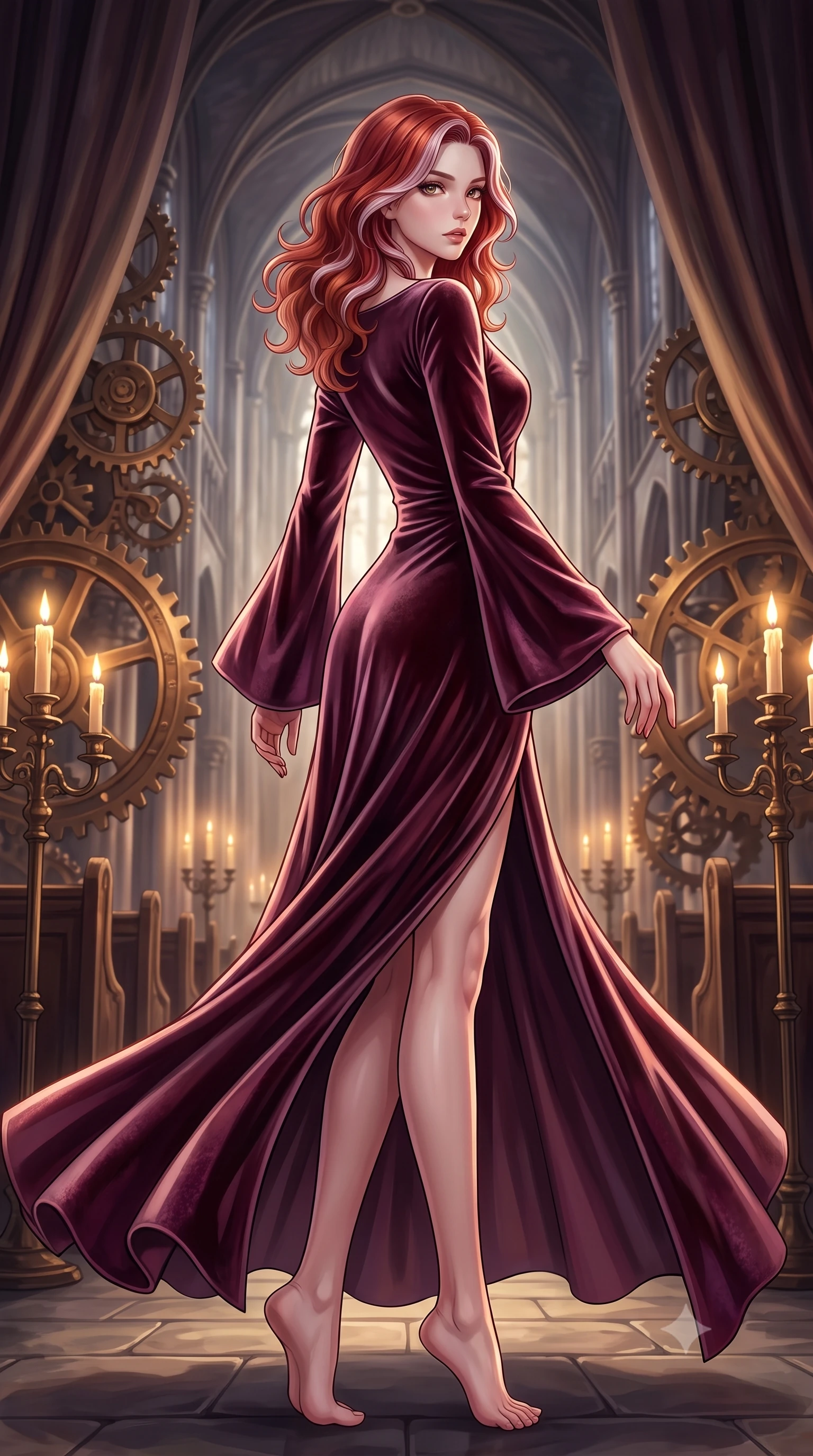 score_9, masterpiece, best quality, ultra-detailed, high-budget anime keyframe, editorial fashion photography, tasteful artistic composition, Caucasian woman woman. low angle full-body shot from head to toe showing her feet, filling the entire 9:16 vertical frame with her statuesque presence, stretching her vertical silhouette. She has an absolutely perfect, statuesque 8.5-heads proportion, an exceptionally tall and slender model-like female figure with impossibly long slender legs and an ultra-slim waist. turning fluidly while glancing back over her shoulder with magnetic intensity and statuesque grace, flawlessly proportioned anatomical accuracy, natural body alignment, perfectly sculpted elegant limbs, clean dynamic posture without body distortion. set against a soft-focus background of a high space cathedral nave with rotating bronze gears and velvet drapes. wearing a luxurious velvet wrap gown with long bell sleeves and a modest boat neckline. bathed in dramatic chiaroscuro key light with flickering golden candlelight. highly saturated vibrant anime colors, detailed shading with soft gradients, rich glossy textures, high-contrast stereoscopic depth, volumetric dynamic lighting, master piece, 9:16 ratio
