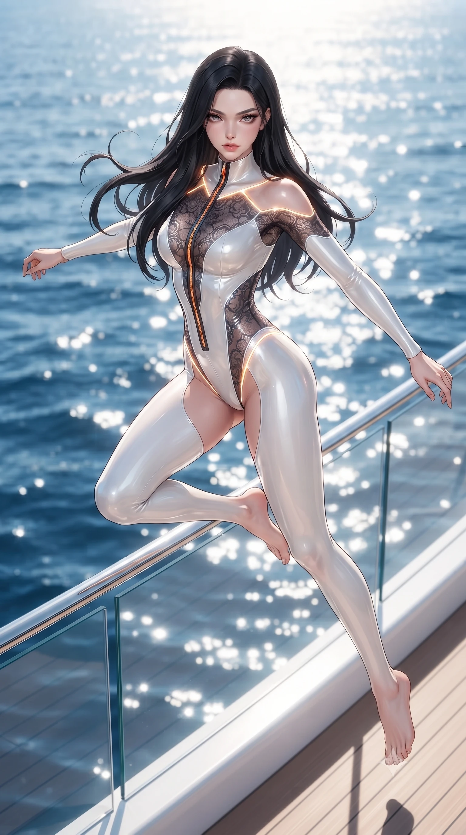 score_9, masterpiece, best quality, ultra-detailed, high-budget anime keyframe, editorial fashion photography, tasteful artistic composition, Korean woman. low angle full-body shot from head to toe showing her feet, filling the entire 9:16 vertical frame with her statuesque presence, stretching her vertical silhouette. performing an alluring mid-air vault with flawless poise, looking directly into the camera with smoldering intensity while pivoting dynamically near the yacht glass balustrade as the vessel cuts through sparkling deep blue ocean waves. The composition keeps background elements in soft focus with creamy bokeh. intense marine sunlight reflecting off water waves into a glowing, sun-soaked backdrop. She has an absolutely perfect, statuesque 8.5-heads proportion, an exceptionally tall and slender model-like female figure with impossibly long slender legs, a toned flat midriff, and an ultra-slim waist. sharp v-shaped jawline, high-bridge nose, intricate jewel-like eyes with depth, thick eyelashes, glossy lips with a natural sheen, flawlessly proportioned anatomical accuracy, strict slender model proportions, natural body alignment, perfectly sculpted long slender limbs, ultra-slim waistline, clean dynamic posture without body distortion. wearing a glossy white second-skin latex bodysuit with high-thigh cuts, exposed clavicle neckline, and gleaming zipper details in vivid sunset amber orange and cloud white, crafted from delicate dark lace interwoven with luminescent micro-fibers, accented with glowing fiber-optic seams tracing her collarbones and hip curves, the form-contouring material adhering flawlessly to her sculpted flat midriff and slender torso, emphasizing her long leg lines and perfectly proportioned willowy build. illuminated by intense white fill light and crisp specular highlights tracing her slender curves. ultra-reflective glossy finish, specular highlights, metallic sheen, high-contrast stereoscopic depth, volumetric dynamic lighting, 2k, ultra detail, master piece, 9:16 ratio