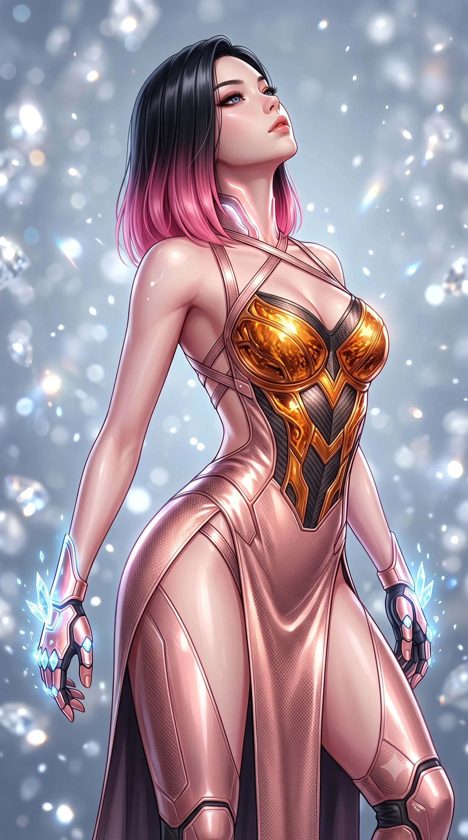 score_9, masterpiece, best quality, ultra-detailed, high-budget anime keyframe, semi-realistic 3D game render, editorial fashion photography, tasteful artistic composition, Korean woman. close-up cowboy shot from the waist and thighs up, the character dominates the composition, filling the frame with her large presence. tilting her head back with serene warrior composure, her sharp jawline and sculpted collarbones highlighted by glowing neon kinetic knuckles while arching her spine in a fluid martial stretch as sub-zero energy crystals form along her carbon knuckle guards. The composition keeps background elements in soft focus with creamy bokeh. glistening diamond ice crystals scattering bright specular light motes across a cool backdrop. She has an exceptionally elegant, slender, and willowy female figure with an ultra-slim waist, a gracefully sculpted slender torso, toned flat midriff, and a refined slim silhouette. sharp v-shaped jawline, high-bridge nose, intricate jewel-like eyes with depth, thick eyelashes, glossy lips with a natural sheen, flawlessly proportioned anatomical accuracy, strict slender model proportions, natural body alignment, perfectly sculpted long slender limbs, ultra-slim waistline, clean dynamic posture without body distortion. wearing a form-fitting luminous rose-gold carbon combat gown with tactical high leg slits and flexible kinetic knee articulation in molten amber-gold carbon cuirass with dark titanium weave, tailored from flexible second-skin carbon-mesh that clings flawlessly to her athletic curves, complemented by criss-cross back harness straps highlighting her completely bare spine, the liquid-tight tailored fabric emphasizing every curve of her tall, slender model proportions and sculptured silhouette during dynamic movement. surrounded by a cool, lethal, and breathtakingly alluring frost-martial-goddess aura. rich saturated anime colors with glowing neon highlights, detailed shading with soft gradients, rich glossy textures, high-contrast stereoscopic depth, volumetric dynamic lighting, master piece, 9:16 ratio