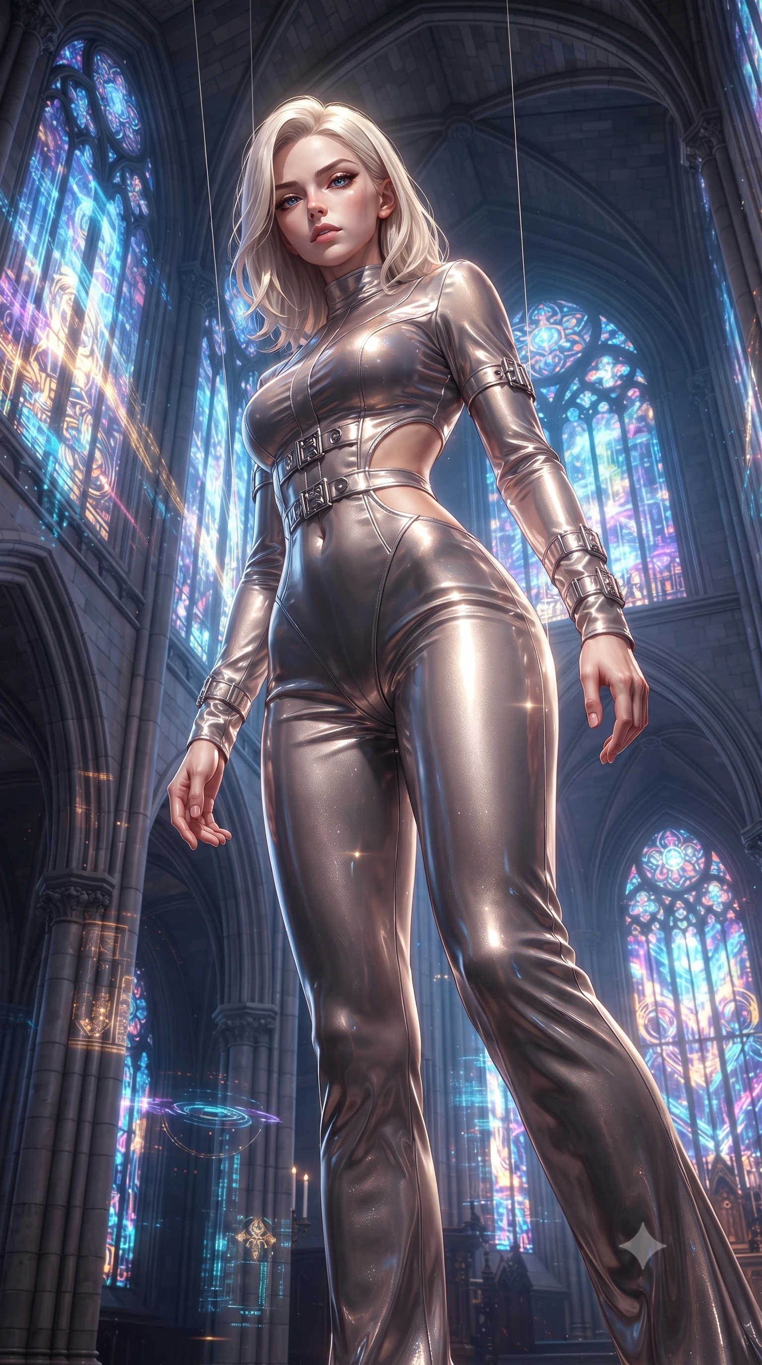 score_9, masterpiece, best quality, ultra-detailed, High-budget Anime Keyframe, editorial fashion photography, tasteful artistic composition, realistic cosplay photography, Caucasian woman, strictly human ears. Low angle cowboy shot filling the entire 9:16 frame with her statuesque presence. Scenario 355: suspended by invisible silk threads inside a futuristic cathedral with holographic stained-glass windows. Her presence is magnetic and overpowering in this high-budget cinematic scene. Outfit 355: a tailored shimmering chiffon bare with a strategic side cut-outs and metallic buckles. The clothing is designed to emphasize her exceptionally tall and slender 8-heads proportion. 8-heads proportion, towering silhouette, ultra-slim waist. sharp v-shaped jawline, intricate jewel-like eyes with depth, thick eyelashes, glossy lips. ultra-reflective glossy finish, specular highlights, metallic sheen, high-contrast stereoscopic depth, volumetric dynamic lighting, 2k, ultra detail, master piece, 9:16 ratio