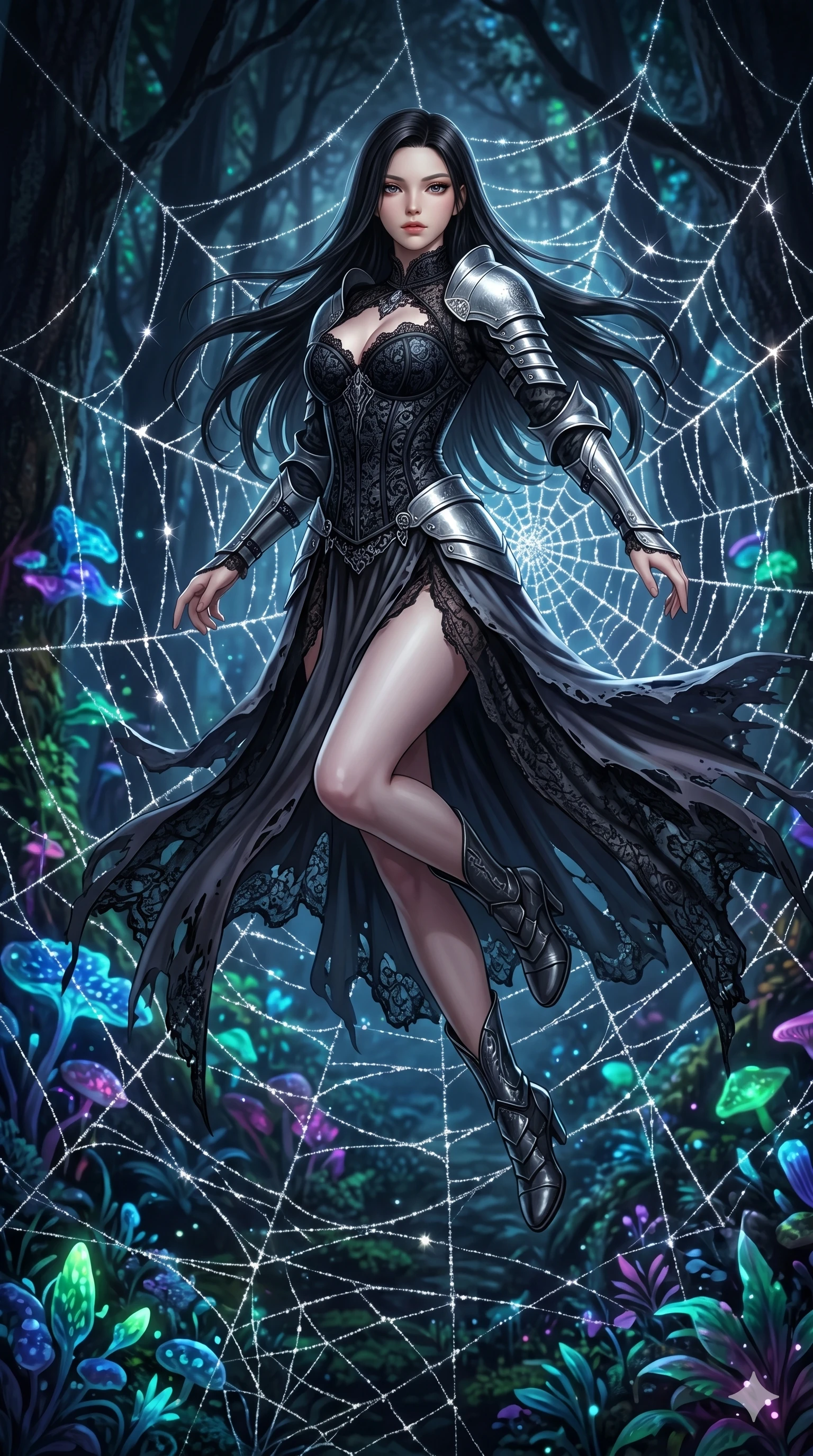 score_9, masterpiece, best quality, ultra-detailed, Set A: Photorealistic 8k CG, Japanese woman. Low angle cowboy shot filling the entire 9:16 frame with her statuesque presence. Leaping through a giant spiderweb made of silver silk in a dark enchanted forest. She has an absolutely perfect 8-heads proportion, an exceptionally tall and slender female figure with elegant long slender legs and an slender waist. Sharp v-shaped jawline, high-bridge nose, intricate jewel-like eyes with depth, thick eyelashes, glossy lips. Wearing a Dark Fantasy outfit: gothic lace corset with silver plate armor and silk skirt. Background is a bright and colorful dark forest with glowing plants and sparkling silver webs. 2k, ultra detail, master piece, 9:16 ratio