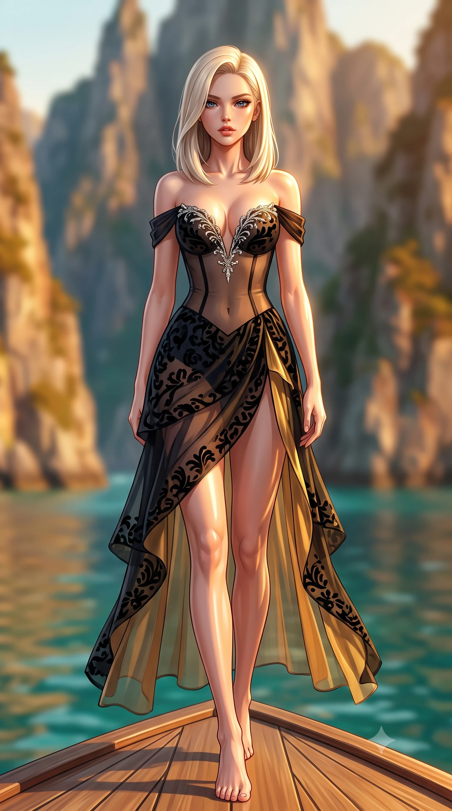 score_9, masterpiece, best quality, ultra-detailed, high-budget anime keyframe, semi-realistic 3D game render, editorial fashion photography, tasteful artistic composition, Caucasian woman. low angle full-body shot from head to toe showing her feet, filling the entire 9:16 vertical frame with her statuesque presence, stretching her vertical silhouette. striding forward in a proud supermodel runway stride, hips swaying in an alluring kinetic rhythm that accentuates her curvy hourglass silhouette while standing poised on the bowsprit deck with night winds billowing her sheer silk wrap, long slender legs and narrow waist commanded by cliffs. The composition keeps background elements in soft focus with creamy bokeh. towering jagged fjord cliff faces and crystalline emerald sea waters blurred into warm ochre, turquoise, and bronze bokeh. She has an exceptionally tall and slender model-like 8.5-heads proportion, an ultra-slim waist, a flat toned midriff, narrow delicate ribcage, and beautifully sculpted feminine hips creating a graceful, slim hourglass silhouette without any bulky heaviness, with impossibly long slender legs. sharp v-shaped jawline, high-bridge nose, intricate jewel-like eyes with depth, thick eyelashes, glossy parted lips with a natural sheen, intensely captivating and seductive bedroom-eyes expression, flawlessly proportioned anatomical accuracy, strict slender model proportions, natural body alignment, perfectly sculpted long slender limbs, ultra-slim waistline, clean dynamic posture without body distortion. wearing an off-shoulder French court corset bodice dress paired with a tiered translucent chiffon slit skirt in midnight obsidian black and liquid gold, made of sheer contouring power-mesh with velvet flocking patterns, finished with delicate crystal frost embroidery tracing the plunging neckline, the form-contouring material adhering flawlessly to her sculpted flat midriff and slender torso, emphasizing her long leg lines and perfectly proportioned willowy build. illuminated by intense golden specular reflections sculpting her bare collarbones, ultra-slim waist, and curvy hips. highly saturated vibrant anime colors, detailed shading with soft gradients, rich glossy textures, high-contrast stereoscopic depth, volumetric dynamic lighting, master piece, 9:16 ratio
