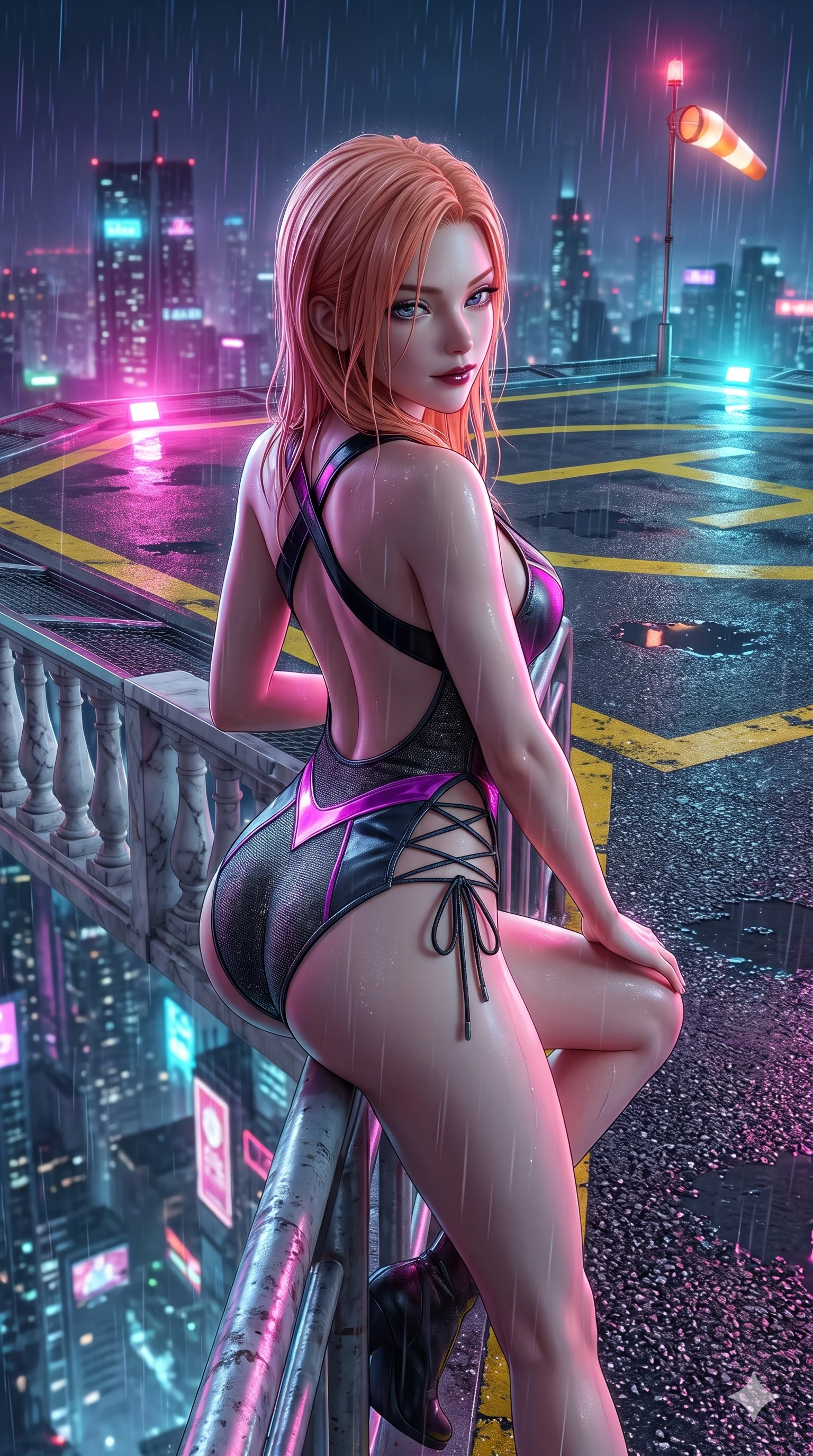 score_9, masterpiece, best quality, ultra-detailed, high-budget anime keyframe, semi-realistic 3D game render, editorial fashion photography, tasteful artistic composition, Japanese woman. close-up cowboy shot from the waist and thighs up, the character dominates the composition, filling the frame with her large presence. resting one elbow on the marble balustrade while arching her spine with dancer poise, her dark bedroom-eyes casting a magnetic sidelong glance while perched on the helipad perimeter railing with one knee drawn up, looking down at the cyberpunk city abyss with fearless bedroom-eyes. The surrounding environment is rendered in vivid detail and crisp panoramic clarity: sharp yellow helipad markings, wet tarmac aggregate texture, and illuminated windsock beacon details in deep focus. She has an exceptionally elegant, slender, and willowy female figure with an ultra-slim waist, flat toned midriff, narrow ribcage, and sculpted feminine hips creating an alluring, slim hourglass silhouette without bulk. sharp v-shaped jawline, high-bridge nose, intricate jewel-like dark sparkling eyes with dangerous depth, thick curled eyelashes, glossy parted lips with a rich wine sheen, smoldering seductive half-smile with bedroom-eyes, exuding effortless superiority and intoxicating dark allure, flawlessly proportioned anatomical accuracy, strict slender model proportions, natural body alignment, perfectly sculpted long slender limbs, ultra-slim waistline, clean dynamic posture without body distortion. wearing a low-slung cutaway leather bodysuit with bare hip flanks and criss-cross cord ties in wet asphalt charcoal and neon magenta reflections, woven from metallic lurex thread casting subtle starlight glints across the fabric, featuring an open-back criss-cross harness strap in patent black leather, the high-slit wrap tailoring accentuating her ultra-slim waistline and the enchanting curve of her feminine hips with alluring seductive charm. bathed in intense saturated magenta and electric cyan neon floodlights cutting through falling rain. highly saturated vibrant anime colors, detailed shading with soft gradients, rich glossy textures, high-contrast stereoscopic depth, volumetric dynamic lighting, master piece, 9:16 ratio