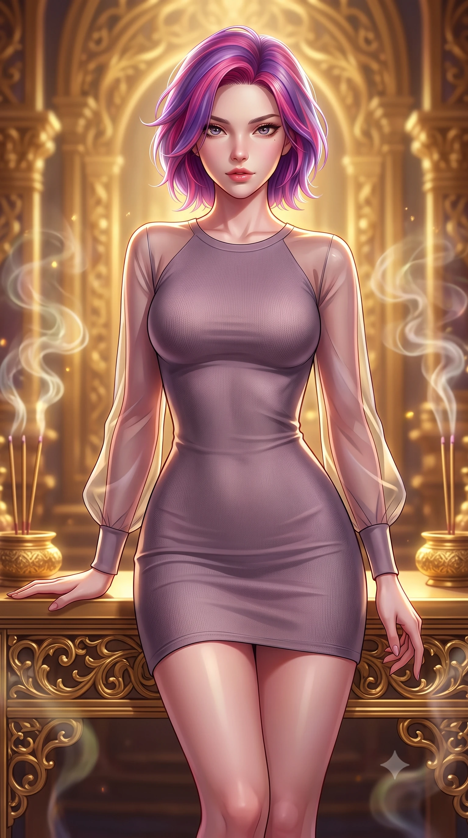 score_9, masterpiece, best quality, ultra-detailed, high-budget anime keyframe, editorial fashion photography, tasteful artistic composition, Caucasian woman. close-up cowboy shot from the waist and thighs up, the character dominates the composition, filling the frame with her large presence, background elements kept in soft focus. Leaning slightly forward with a composed, seductive gaze under soft glowing light poised on a golden filigree altar surrounded by glowing incense vapors, golden filigree details on the architecture shining with brilliant luster. She has an exceptionally elegant, slender, and willowy female figure with an ultra-slim waist, a gracefully sculpted slender torso, and a refined silhouette. sharp v-shaped jawline, high-bridge nose, intricate jewel-like eyes with depth, thick eyelashes, glossy lips with a natural sheen. wearing a sleek bodycon knit dress with strategic sheer organza sleeve panels and a tight waist, the form-contouring material highlighting her ultra-slim waist and long lines. illuminated by a warm golden key light and brilliant multi-color rim light. highly saturated vibrant anime colors, detailed shading with soft gradients, rich glossy textures, high-contrast stereoscopic depth, volumetric dynamic lighting, master piece, 9:16 ratio