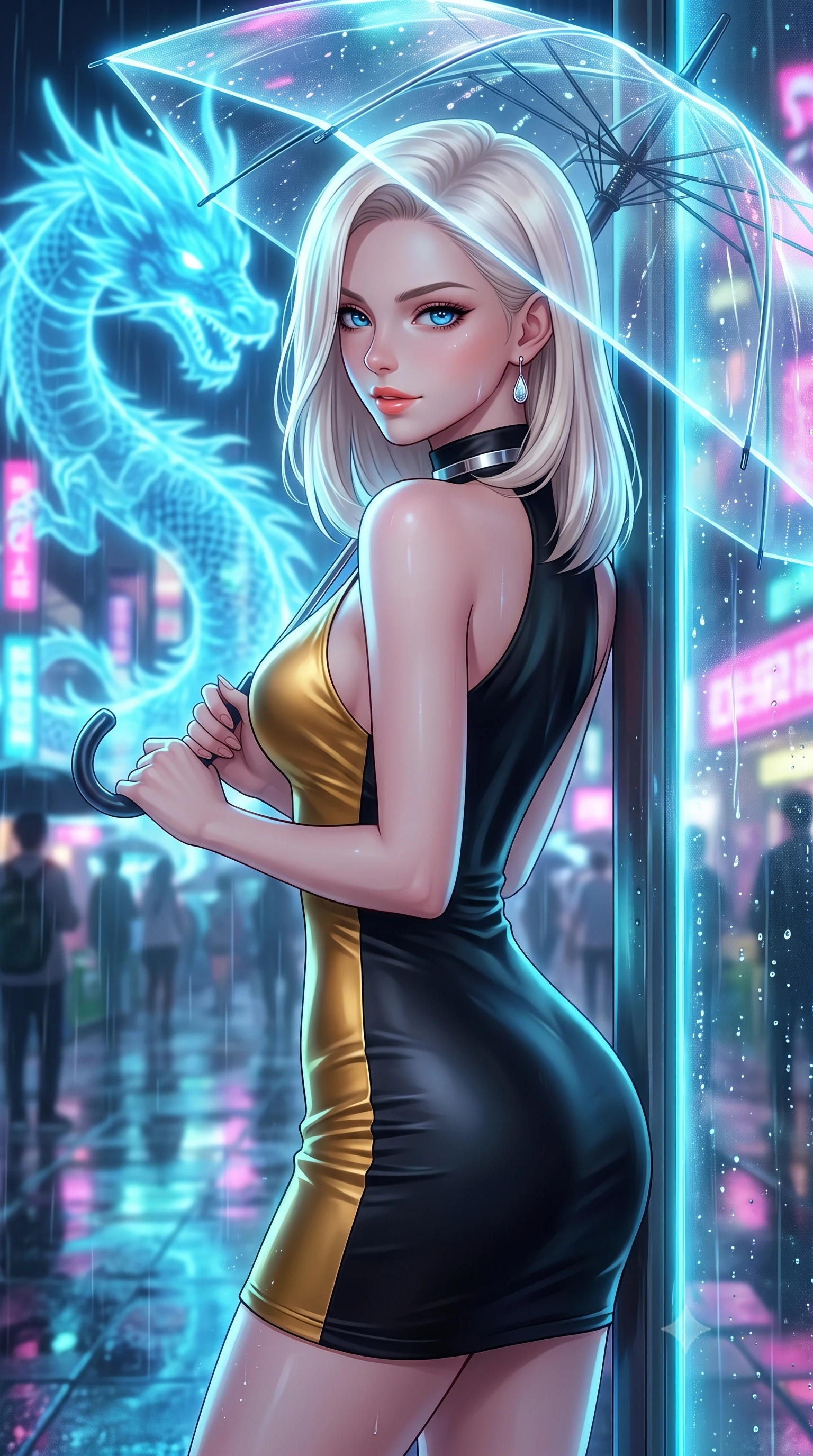 score_9, masterpiece, best quality, ultra-detailed, high-budget anime keyframe, semi-realistic 3D game render, editorial fashion photography, tasteful artistic composition, Caucasian woman. close-up cowboy shot from the waist and thighs up, the character dominates the composition, filling the frame with her large presence. posing in an alluring rear three-quarter angle, looking over a bare shoulder with parted glossy lips, her hips cocked back to highlight her slim hourglass curve while leaning against the glowing smart-glass transit shelter with hips cocked back, gazing through transparent laser umbrella canopy with smoldering bedroom-eyes. The background shows a soft-focus fine mist of neon-lit rain droplets softened in Neo-Seoul cyberpunk plaza shallow focus. She has an exceptionally elegant, slender, and willowy female figure with an ultra-slim waist, flat toned midriff, narrow ribcage, and sculpted feminine hips creating an alluring, slim hourglass silhouette without bulk. sharp v-shaped jawline, high-bridge nose, intricate jewel-like sparkling eyes with depth, thick eyelashes, glossy parted lips with a natural peach sheen, bright cheerful beaming smile with an enchanting and coquettish sensual glint, exuding both youthful cute charm and seductive allure, flawlessly proportioned anatomical accuracy, strict slender model proportions, natural body alignment, perfectly sculpted long slender limbs, ultra-slim waistline, clean dynamic posture without body distortion. wearing a dense bandage knit cyber-cocktail dress with mock neck hugging her delicate ribcage and hips like a second skin in singularity accretion gold and deep space void black, crafted from fluid liquid silk satin that clings smoothly to her narrow waist and rounded hips with a dewy sheen, finished with a minimalist chrome choker and a single teardrop diamond pendant, the second-skin tailored fabric adhering flawlessly to her sculpted flat midriff and slender torso, emphasizing her long leg lines and perfectly proportioned willowy build. bathed in the glowing azure radiance of the monumental holographic dragon mixed with neon street reflections. highly saturated vibrant anime colors, detailed shading with soft gradients, rich glossy textures, high-contrast stereoscopic depth, volumetric dynamic lighting, master piece, 9:16 ratio