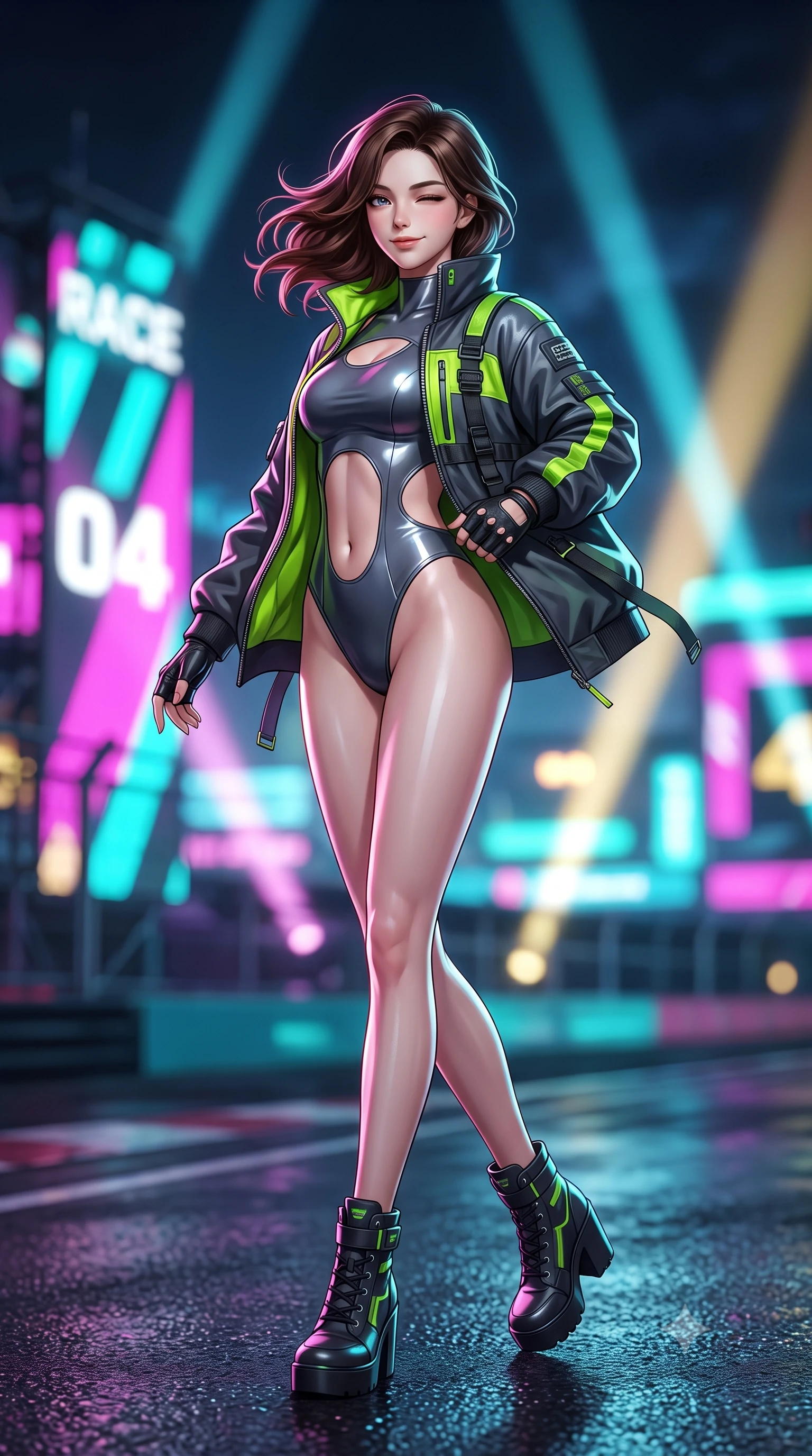 score_9, masterpiece, best quality, ultra-detailed, high-budget anime keyframe, semi-realistic 3D game render, editorial fashion photography, tasteful artistic composition, Korean woman. low angle full-body shot from head to toe showing her feet, filling the entire 9:16 vertical frame with her statuesque presence, stretching her vertical silhouette. executing an elegant mid-motion turn as garments swirl around her slender limbs, glancing over her shoulder with smoldering allure while pivoting sharply with supermodel momentum on the wet tarmac, a playful wink breaking across her radiant face. The composition keeps background elements in soft focus with creamy bokeh. giant LED jumbotron race countdown graphics and sweeping searchlights blurred into electric magenta, turquoise, and gold bokeh. She has an absolutely perfect, statuesque 8.5-heads proportion, an exceptionally tall and slender model-like female figure with impossibly long slender legs, a toned flat midriff, and an ultra-slim waist. sharp v-shaped jawline, high-bridge nose, intricate jewel-like eyes with depth, thick eyelashes, glossy parted lips with a natural sheen, intensely captivating and seductive expression, flawlessly proportioned anatomical accuracy, strict slender model proportions, natural body alignment, perfectly sculpted long slender limbs, ultra-slim waistline, clean dynamic posture without body distortion. wearing a cutout cyber-racing leotard layered with an oversized neon-accented paddock bomber jacket in dark carbon grey and laser green accents, crafted from flexible reflective spandex and heavy tactical webbing, accessorized with bold platform racing boots and fingerless leather gloves, the athletic second-skin cut highlighting her toned flat midriff and slender model proportions during dynamic action. illuminated by crisp directional rim lighting sharply defining her razor-sharp jawline and feminine curves. highly saturated vibrant anime colors, detailed shading with soft gradients, rich glossy textures, high-contrast stereoscopic depth, volumetric dynamic lighting, master piece, 9:16 ratio