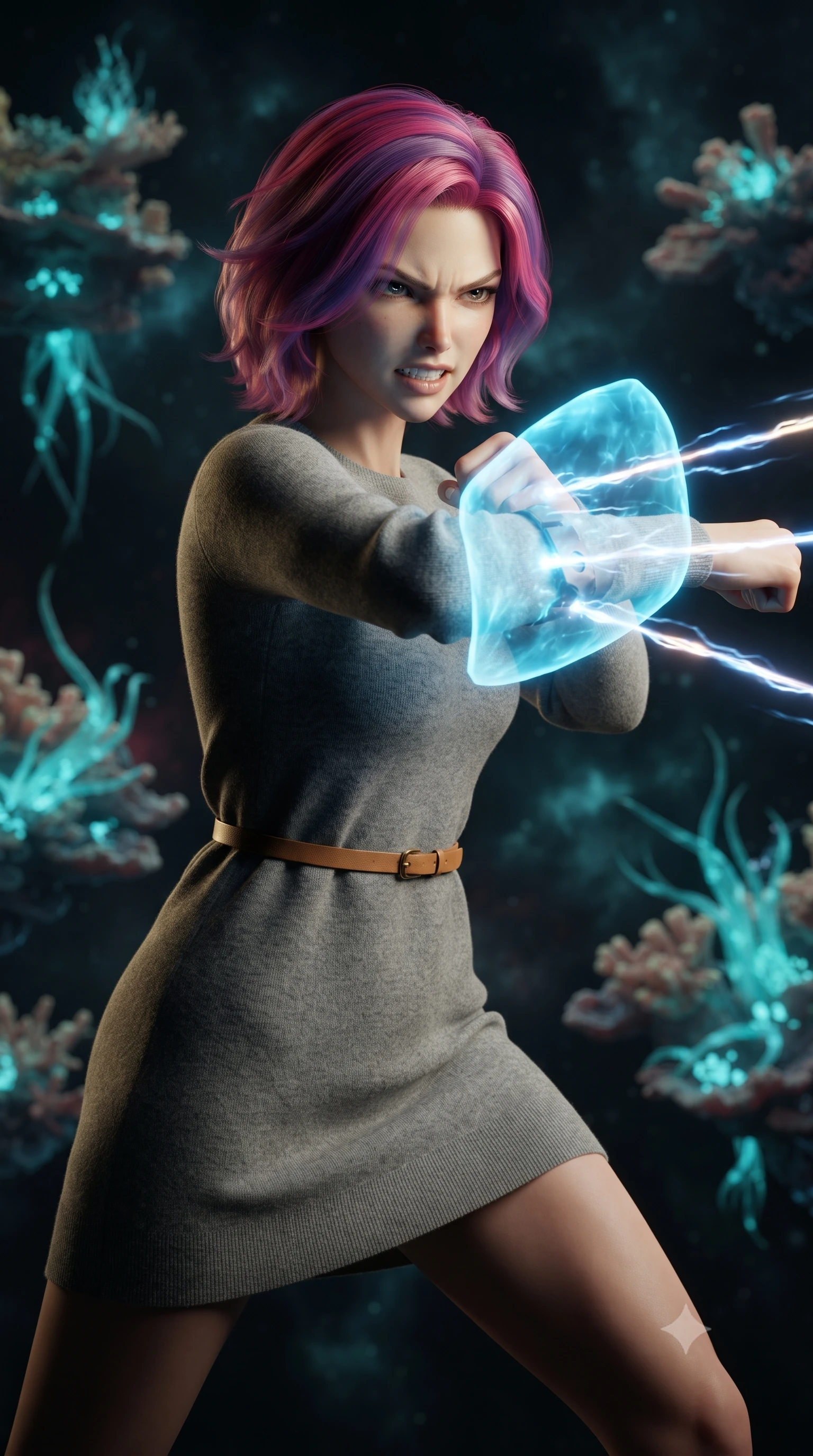 score_9, masterpiece, best quality, ultra-detailed, high-budget anime keyframe, editorial fashion photography, tasteful artistic composition, realistic cosplay photography, Caucasian woman, strictly human ears. close-up cowboy shot from the waist and thighs up, the character dominates the composition, filling the frame with her large presence, background elements kept in soft focus. Deflecting incoming plasma bolts with a glowing energy shield attached to her forearm, teeth grit in determination. set against a soft-focus background of a space reef made of floating organic coral formations that pulse with cyan bioluminescence in a dark nebula. She has an exceptionally elegant and slender, willowy female figure with an ultra-slim waist, a gracefully sculpted slender torso, and a refined slim physique. sharp v-shaped jawline, high-bridge nose, intricate jewel-like eyes with depth, thick eyelashes, glossy lips with a natural sheen. wearing catching and diffusing the glowing particles, shimmering softly in response to the surrounding light, a tailored soft grey wool-blend sweater dress with long sleeves, paired with a thin camel-colored leather belt. dramatic chiaroscuro with a single golden key light sculpting her silhouette. ultra-reflective glossy finish, specular highlights, metallic sheen, high-contrast stereoscopic depth, volumetric dynamic lighting, 2k, ultra detail, master piece, 9:16 ratio