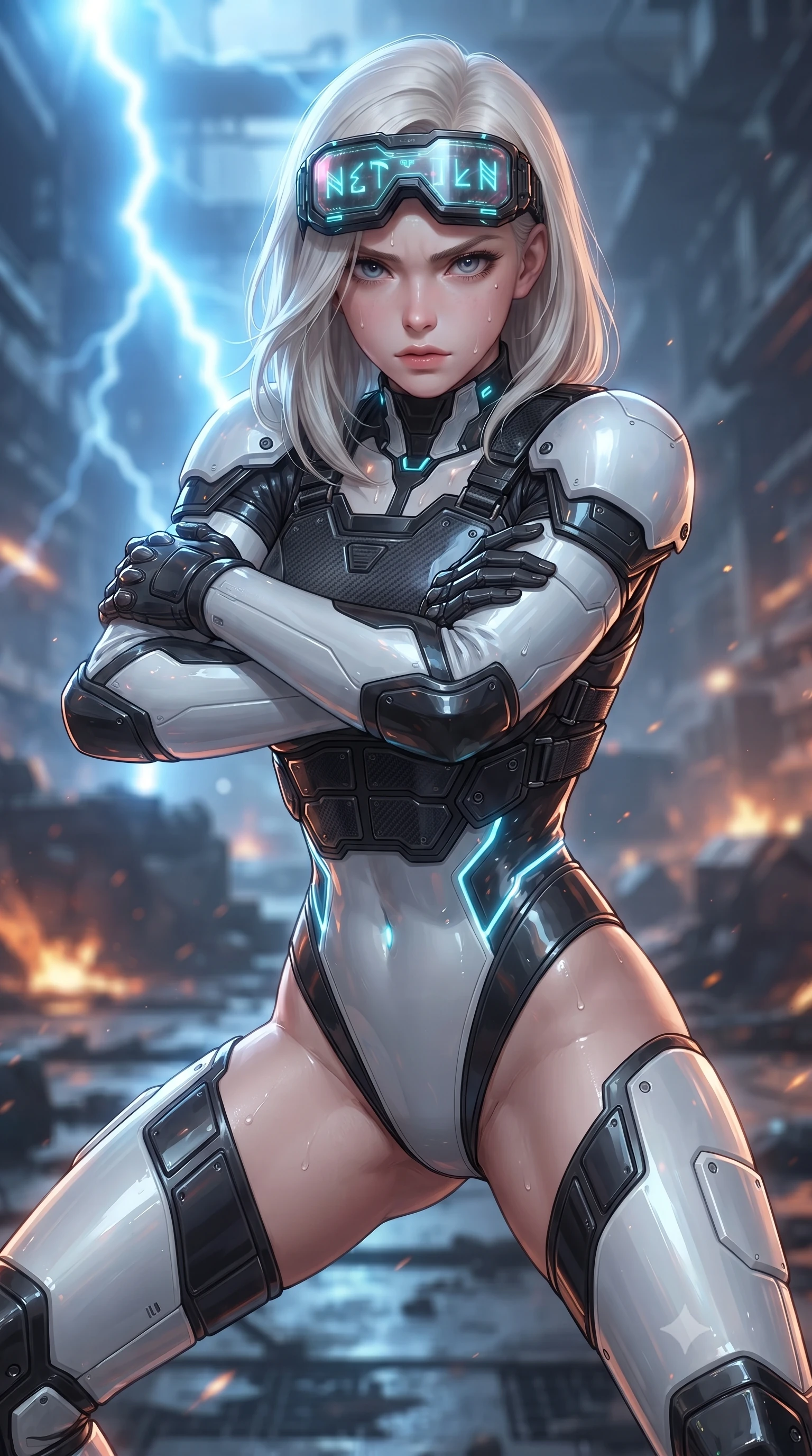 score_9, masterpiece, best quality, ultra-detailed, high-budget anime keyframe, editorial fashion photography, tasteful artistic composition, Caucasian woman. close-up cowboy shot from the waist and thighs up, the character dominates the composition, filling the frame with her large presence. shifting into a low cat-stance with arms crossed defensively, glowing energy conduits tracing her ultra-slim waist and sculpted clavicle while assuming a defensive Panzer Kunst stance as residual EMP charge creates a faint glowing halo around her slender silhouette. The surrounding environment is rendered in vivid detail and crisp panoramic clarity. intricate carbon armor composite grain, sweat glistening on bare collarbones, and armor buckles in high clarity. She has an exceptionally elegant, slender, and willowy female figure with an ultra-slim waist, a gracefully sculpted slender torso, toned flat midriff, and a refined slim silhouette. sharp v-shaped jawline, high-bridge nose, intricate jewel-like eyes with depth, thick eyelashes, glossy lips with a natural sheen, fierce and resolute heroine expression, flawlessly proportioned anatomical accuracy, strict slender model proportions, natural body alignment, perfectly sculpted long slender limbs, ultra-slim waistline, clean dynamic posture without body distortion. wearing high-tech holographic tactical goggles resting tipped up on her forehead, casting glowing neon runes across her brow without obscuring her features, paired with a heavy modular carbon-fiber combat cuirass paired with a second-skin tactical leotard and reinforced titanium shoulder pauldrons in monochrome white enamel carbon with high-contrast black tactical panels, formed from high-gloss patent carbon-plating with specular dystopian chiaroscuro reflections, complemented by criss-cross back harness straps highlighting her completely bare spine, the precision-cut daring openings accentuating her delicate midriff, graceful bare collarbones, and ultra-slim feminine waistline. bathed in blinding blue EMP lightning flash backlighting and warm amber crater ember glow. ultra-reflective glossy finish, specular highlights, dark metallic sheen, high-contrast stereoscopic depth, volumetric dynamic lighting, 2k, ultra detail, master piece, 9:16 ratio
