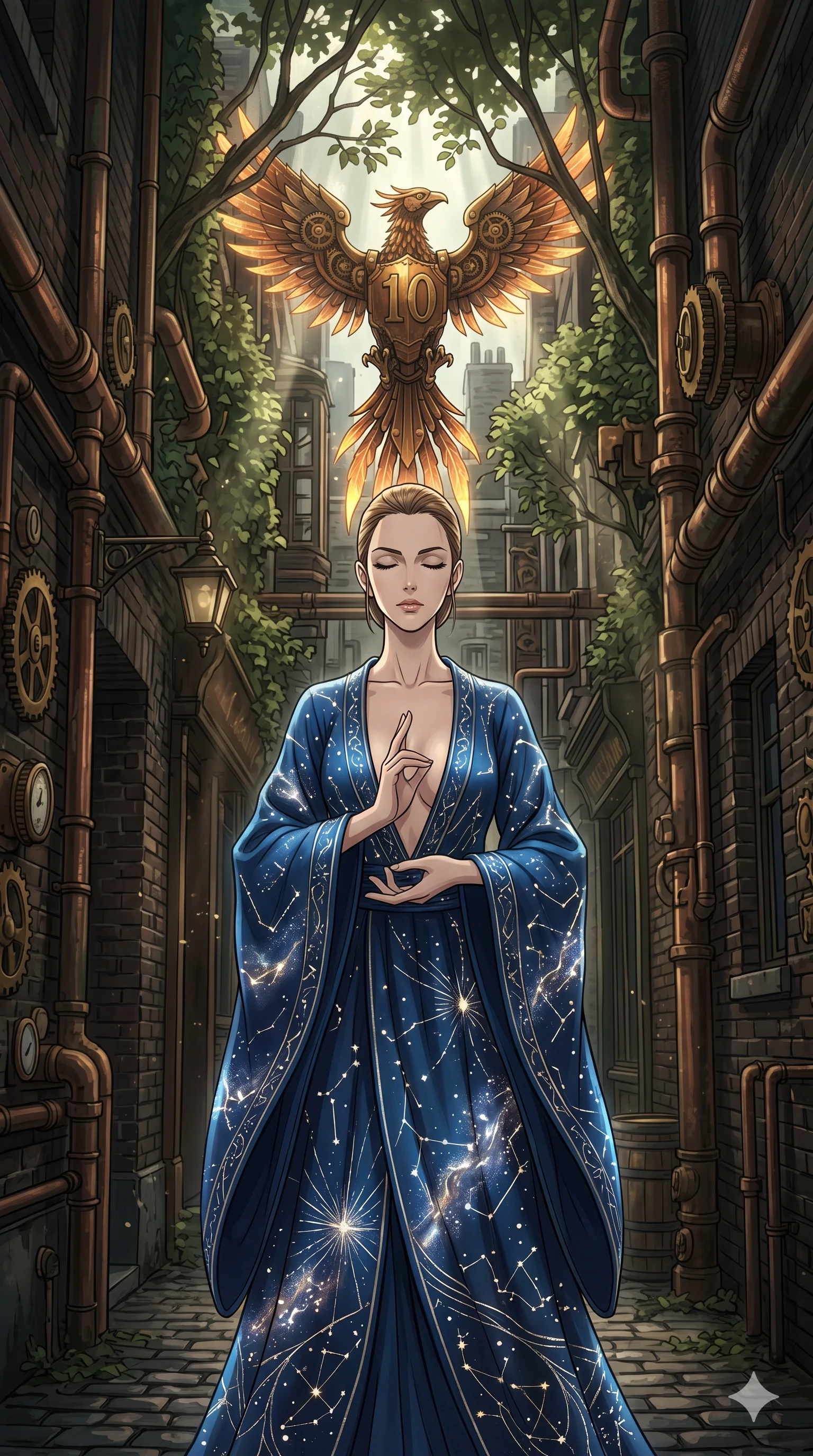 score_9, masterpiece, best quality, ultra-detailed, Set A: High-budget Anime Keyframe, Caucasian (human ears) woman. Low angle cowboy shot filling the entire 9:16 frame with her statuesque presence. Theme: Primal Nature. meditating in a steampunk London alleyway, while a mechanical phoenix rises in the background marked 10. The atmosphere is filled with cinematic sunlight through leaves. She has an absolutely perfect 8-heads proportion, an exceptionally tall and slender female figure with impossibly long slender legs and an ultra-slim waist. Sharp v-shaped jawline, high-bridge nose, intricate jewel-like eyes with depth, glossy lips. Wearing Celestial silk robe with glowing star-map embroidery and a deep-plunging neckline. Cinematic lighting, vivid colors, dramatic shadows, 2k, ultra detail, master piece, 9:16 ratio