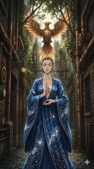 score_9, masterpiece, best quality, ultra-detailed, Set A: High-budget Anime Keyframe, Caucasian (human ears) woman. Low angle cowboy shot filling the entire 9:16 frame with her statuesque presence. Theme: Primal Nature. meditating in a steampunk Lon