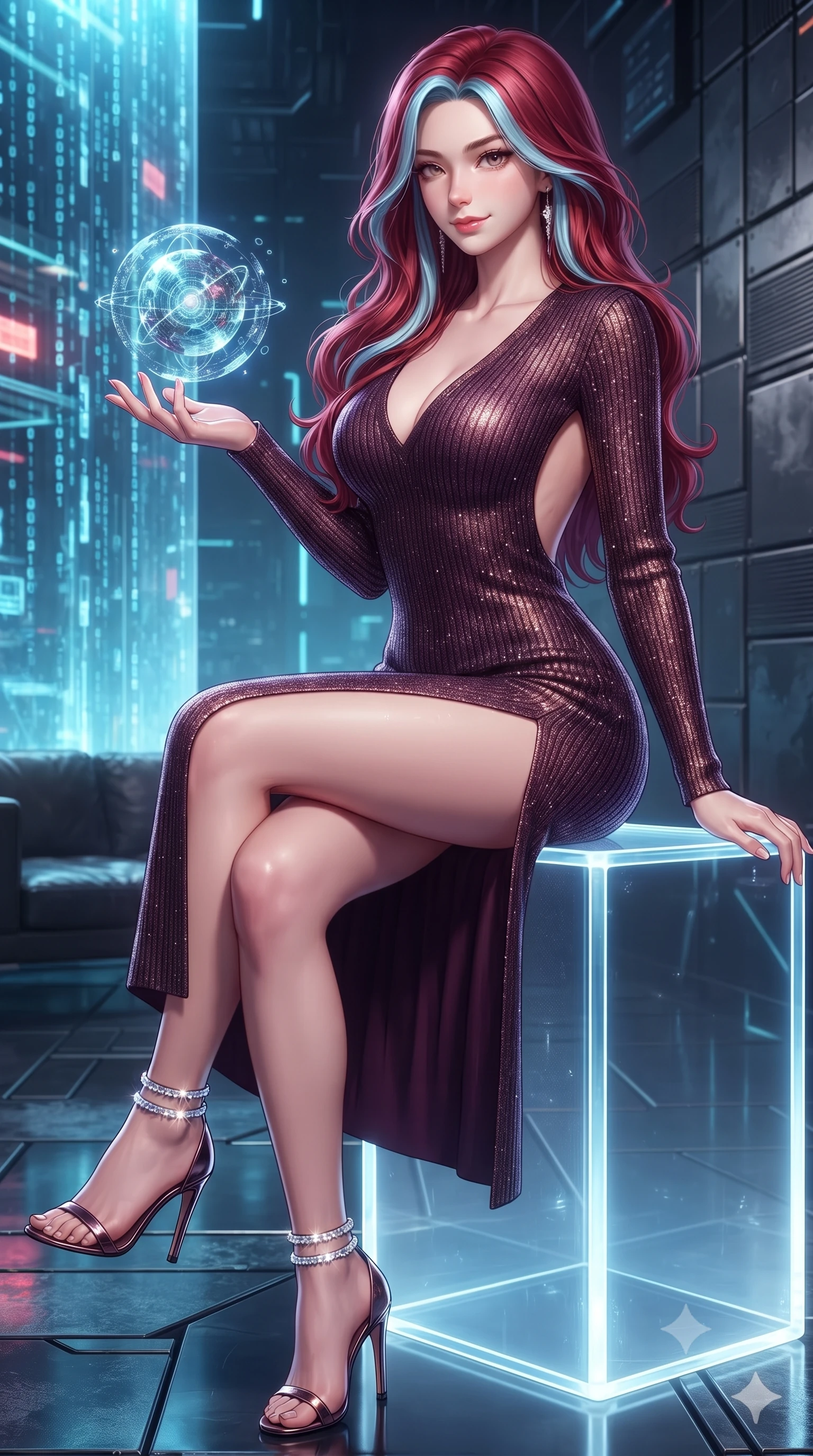 score_9, masterpiece, best quality, ultra-detailed, high-budget anime keyframe, editorial fashion photography, tasteful artistic composition, Caucasian woman. close-up cowboy shot from the waist and thighs up, the character dominates the composition, filling the frame with her large presence. perched sideways on the lounge seat, one knee drawn up to showcase her slender leg line while her arched back accentuates her feminine hip curve while perched sideways on a glass monolith with legs crossed, holding a floating digital data orb with effortless cyber-queen charm. The surrounding environment is rendered in vivid detail and crisp panoramic clarity: sharp holographic waterfall code particle edges, glass stepping stone beveled corners, and black titanium wall seams in deep focus. She has an exceptionally elegant, slender, and willowy female figure with an ultra-slim waist, flat toned midriff, narrow ribcage, and sculpted feminine hips creating an alluring, slim hourglass silhouette without bulk. sharp v-shaped jawline, high-bridge nose, sparkling eyes with hypnotic seductive depth, thick curled eyelashes, glossy parted lips with a natural dewy peach sheen, alluring bedroom-eyes with an enchanting coquettish smile, exuding magnetic siren charisma and sophisticated glamour, flawlessly proportioned anatomical accuracy, strict slender model proportions, natural body alignment, perfectly sculpted long slender limbs, ultra-slim waistline, clean dynamic posture without body distortion. wearing a plunging V-neck rib-knit sweater dress with an open-back scoop and daring side leg slit in rich dark plum violet and gilded bronze, woven from stretch metallic lurex jersey casting radiant starlight glints across her silhouette, complemented by strappy stiletto sandals with crystal ankle wraps accentuating her slender calves, the high-slit wrap tailoring accentuating her ultra-slim waistline and the enchanting curve of her feminine hips with alluring seductive charm. illuminated by basin water specular reflections and sharp electric-cyan rim lights defining her delicate clavicles, narrow waist, and curvy hips. ultra-reflective glossy finish, specular highlights, rich textural contrasts, high-contrast stereoscopic depth, volumetric dynamic lighting, 2k, ultra detail, master piece, 9:16 ratio