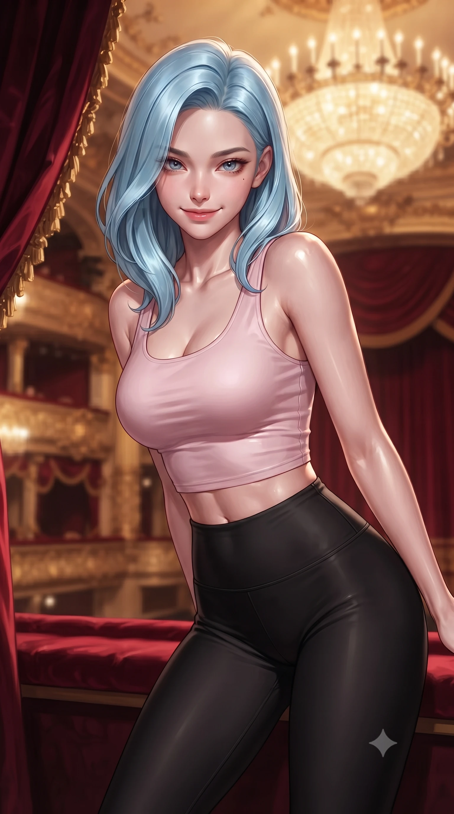 score_9, masterpiece, best quality, ultra-detailed, high-budget anime keyframe, editorial fashion photography, tasteful artistic composition, Korean woman. close-up cowboy shot from the waist and thighs up, the character dominates the composition, filling the frame with her large presence, background elements kept in soft focus. leaning slightly forward with a playful, teasing smile, her gaze locked onto the viewer the background shows a soft-focus the 2nd-floor VIP opera box suite draped in heavy red silk velvet and gold carving decorations. She has an exceptionally elegant, slender, and willowy female figure with an ultra-slim waist, a gracefully sculpted slender torso, and a refined silhouette. sharp v-shaped jawline, high-bridge nose, intricate jewel-like eyes with depth, thick eyelashes, glossy lips with a natural sheen. wearing a slim-fit body-hugging light pink crop tank top paired with high-waisted tight-fitting leggings. warm golden light from the massive theater chandelier casting a soft wash. ultra-reflective glossy finish, specular highlights, metallic sheen, high-contrast stereoscopic depth, volumetric dynamic lighting, 2k, ultra detail, master piece, 9:16 ratio