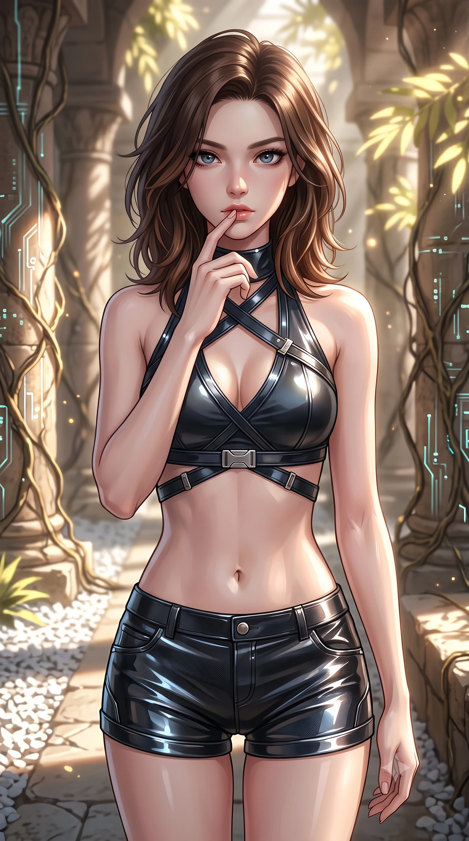 score_9, masterpiece, best quality, ultra-detailed, high-budget anime keyframe, editorial fashion photography, tasteful artistic composition, Korean woman. close-up cowboy shot from the waist and thighs up, the character dominates the composition, filling the frame with her large presence, background elements kept in soft focus. pressing one finger to her bottom lip in a thoughtful, composed gesture, locking eyes with the viewer, the background shows a soft-focus a desert oasis corridor with cyber-roots climbing ancient stone pillars. She has an exceptionally elegant, slender, and willowy female figure with an ultra-slim waist, a gracefully sculpted slender torso, and a refined silhouette. sharp v-shaped jawline, high-bridge nose, intricate jewel-like eyes with depth, thick eyelashes, glossy lips with a natural sheen. wearing a tailored backless halter-neck combat top with criss-cross strapping, paired with carbon-alloy micro-shorts. dappled sunlight filtering through glowing leaves onto the white gravel. ultra-reflective glossy finish, specular highlights, metallic sheen, high-contrast stereoscopic depth, volumetric dynamic lighting, 2k, ultra detail, master piece, 9:16 ratio