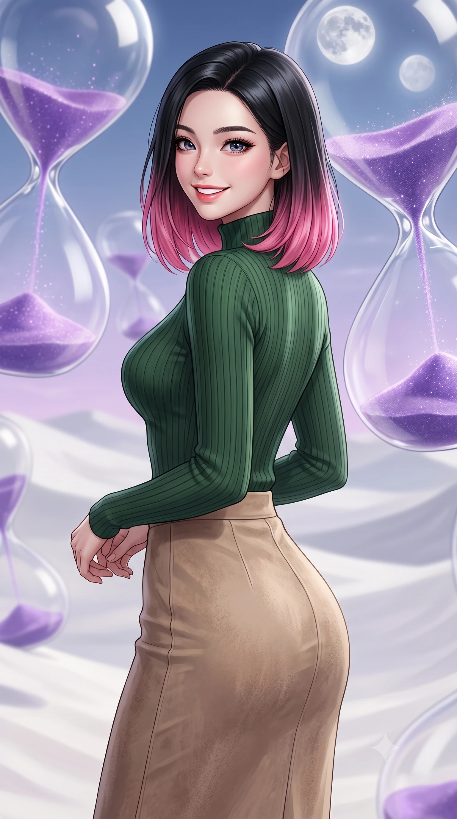 score_9, masterpiece, best quality, ultra-detailed, high-budget anime keyframe, editorial fashion photography, tasteful artistic composition, Korean woman. close-up cowboy shot from the waist and thighs up, the character dominates the composition, filling the frame with her large presence, background elements kept in soft focus. Looking over her shoulder with a bright, welcoming smile and happy eyes. set against a soft-focus background of in a white sand desert filled with giant floating glass hourglasses where the sand is purple stardust that flows upwards into a sky with two moons. She has an exceptionally elegant, slender, and willowy female figure with a highly-defined ultra-slim waist, a gracefully sculpted slender torso, and a refined slim-fit silhouette that contours her form. sharp v-shaped jawline, high-bridge nose, intricate jewel-like eyes with depth, thick eyelashes, glossy lips with a natural sheen. wearing a body-hugging high-neck forest green ribbed sweater paired with a beige suede midi skirt. soft silver moonlight from the two moons with a gentle purple glow from the stardust sand inside the hourglasses. 2k, ultra detail, master piece, 9:16 ratio